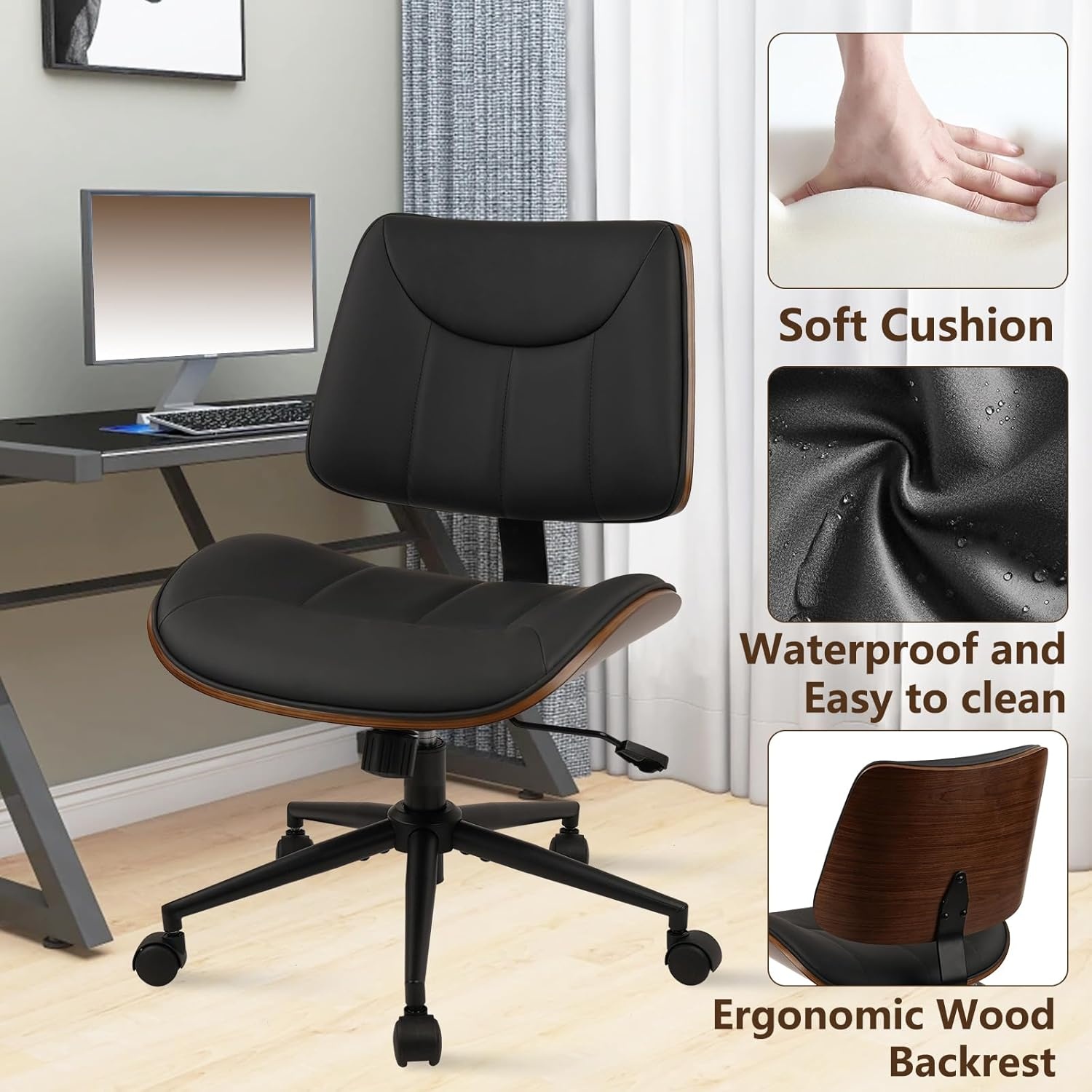 image:imageCLATINA Armless Home Office Chair Desk Chair with Wheels Adjustable Height Reading Chair Leather Mid Back amp Swivel Computer Chair Modern Walnut Chairs with Back for Studio Meeting RoomBlackBlack Linear