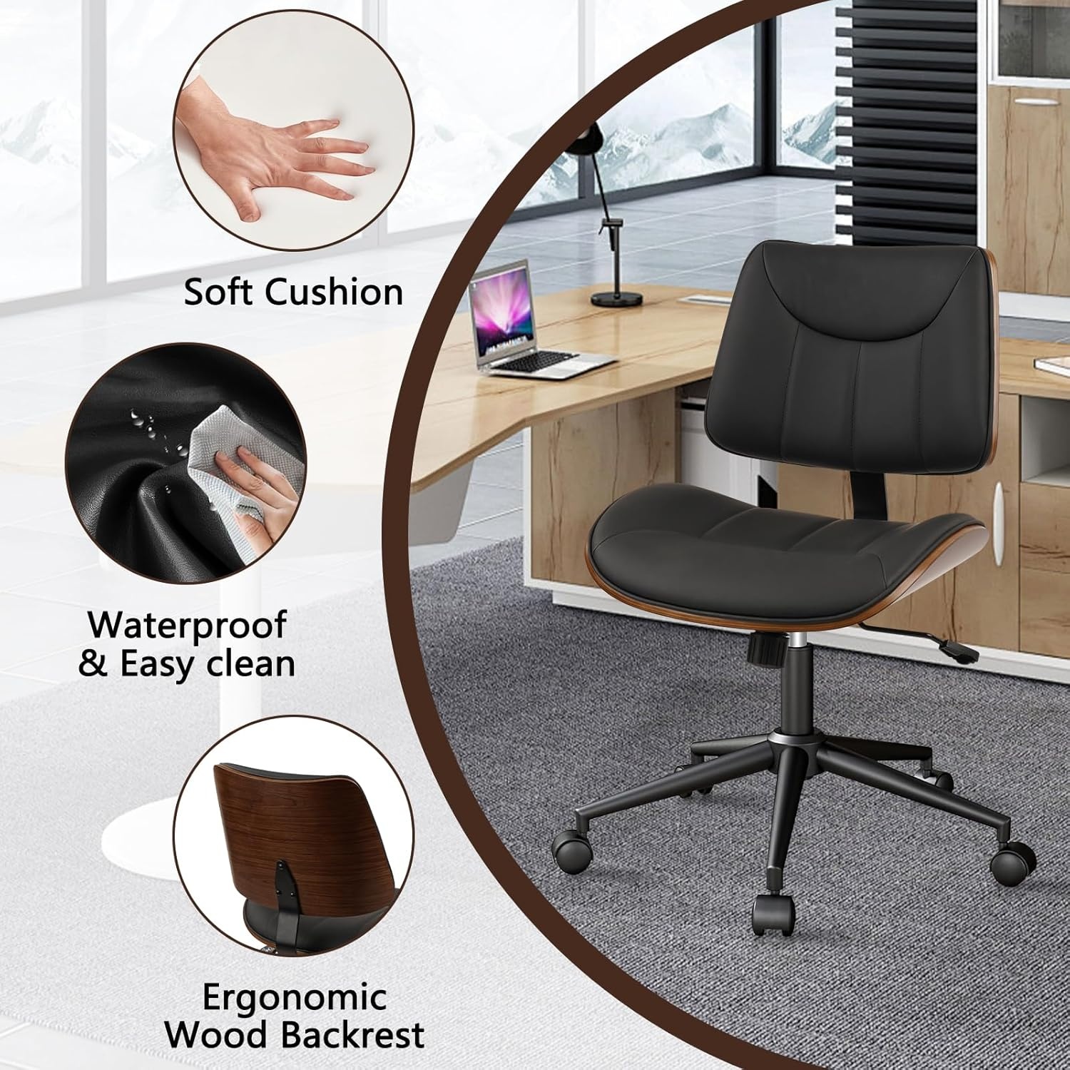 image:imageCLATINA Armless Home Office Chair Desk Chair with Wheels Adjustable Height Reading Chair Leather Mid Back amp Swivel Computer Chair Modern Walnut Chairs with Back for Studio Meeting RoomBlackBlack Linear
