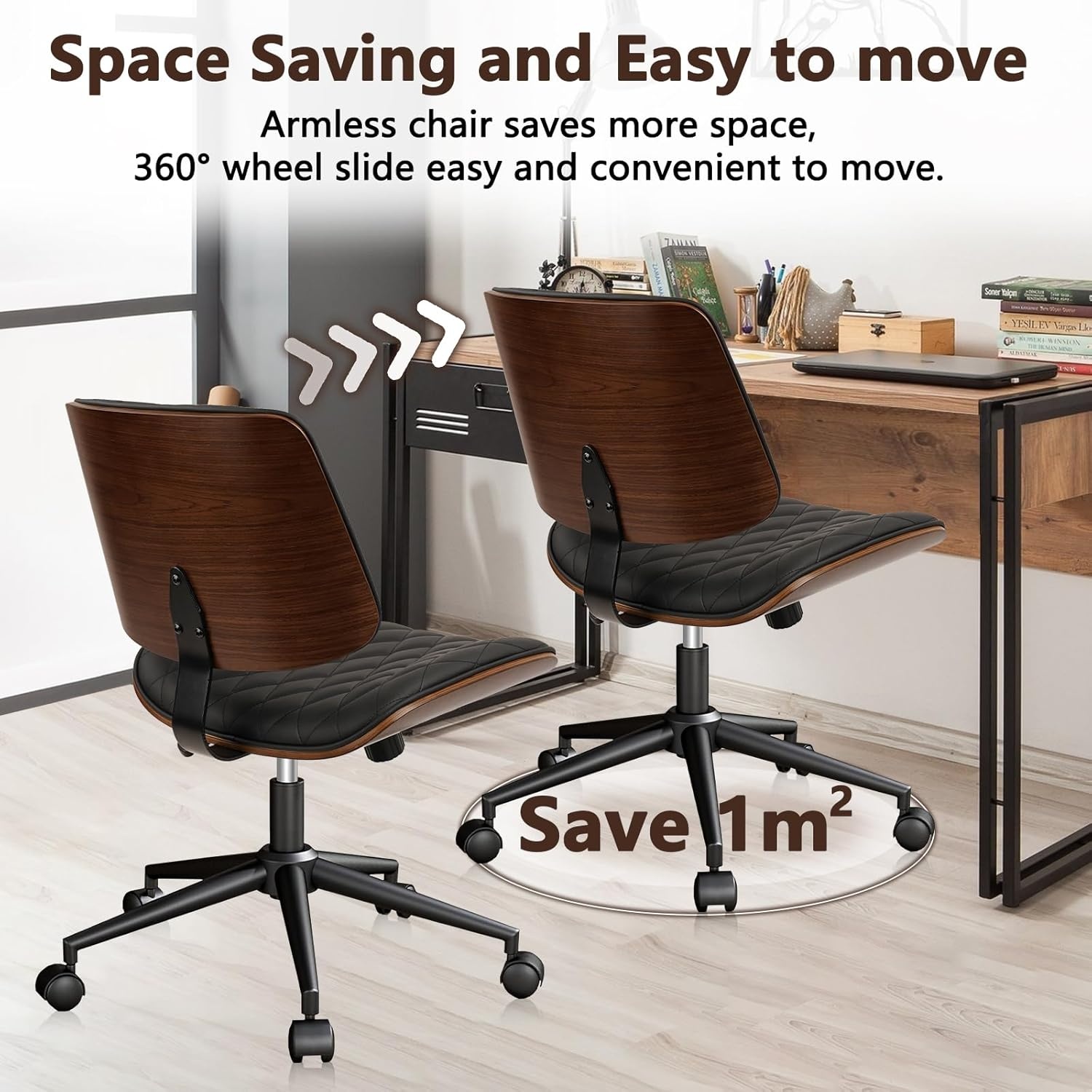 image:imageCLATINA Armless Home Office Chair Desk Chair with Wheels Adjustable Height Reading Chair Leather Mid Back amp Swivel Computer Chair Modern Walnut Chairs with Back for Studio Meeting RoomBlackBlack Diamondb