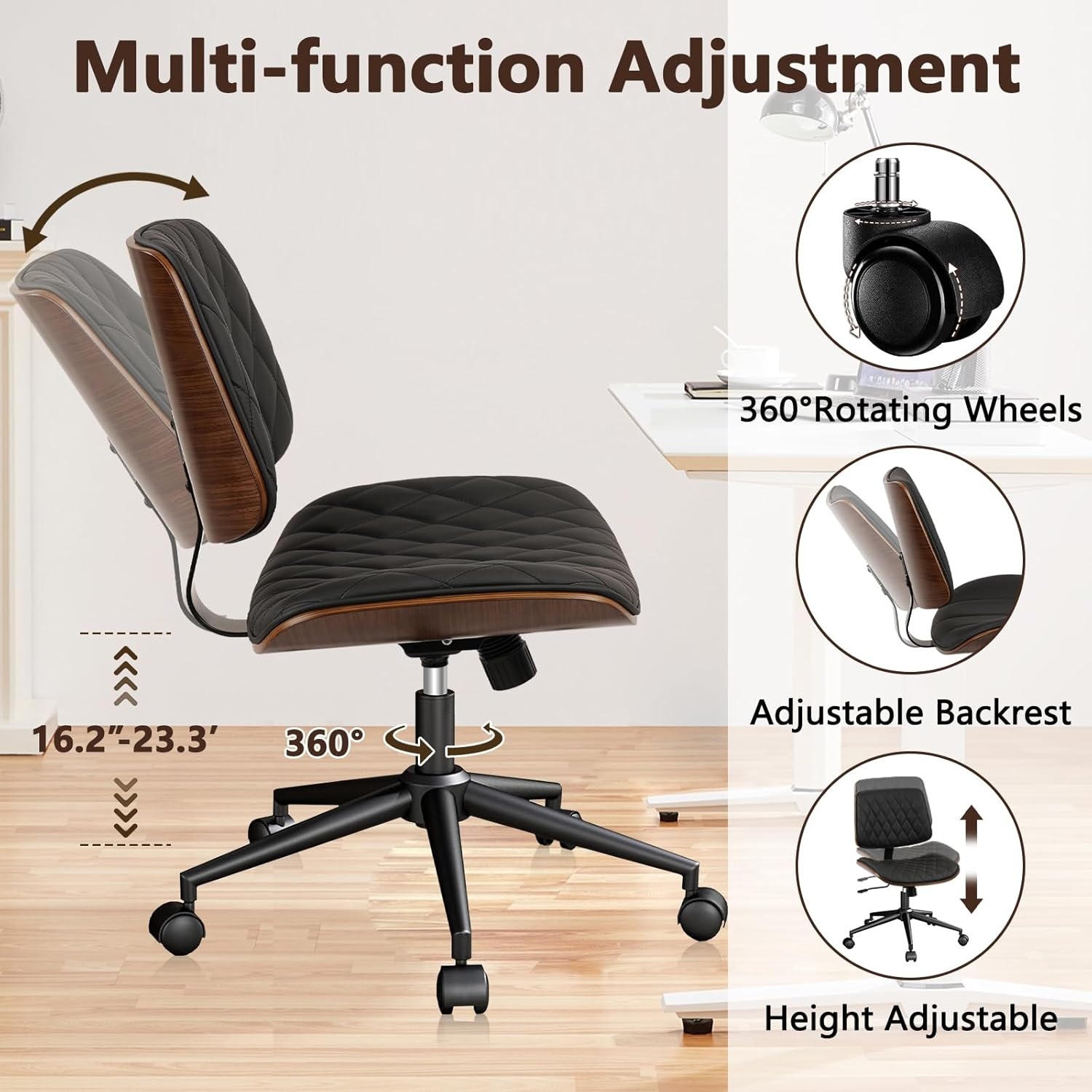 image:imageCLATINA Armless Home Office Chair Desk Chair with Wheels Adjustable Height Reading Chair Leather Mid Back amp Swivel Computer Chair Modern Walnut Chairs with Back for Studio Meeting RoomBlackBlack Diamondb