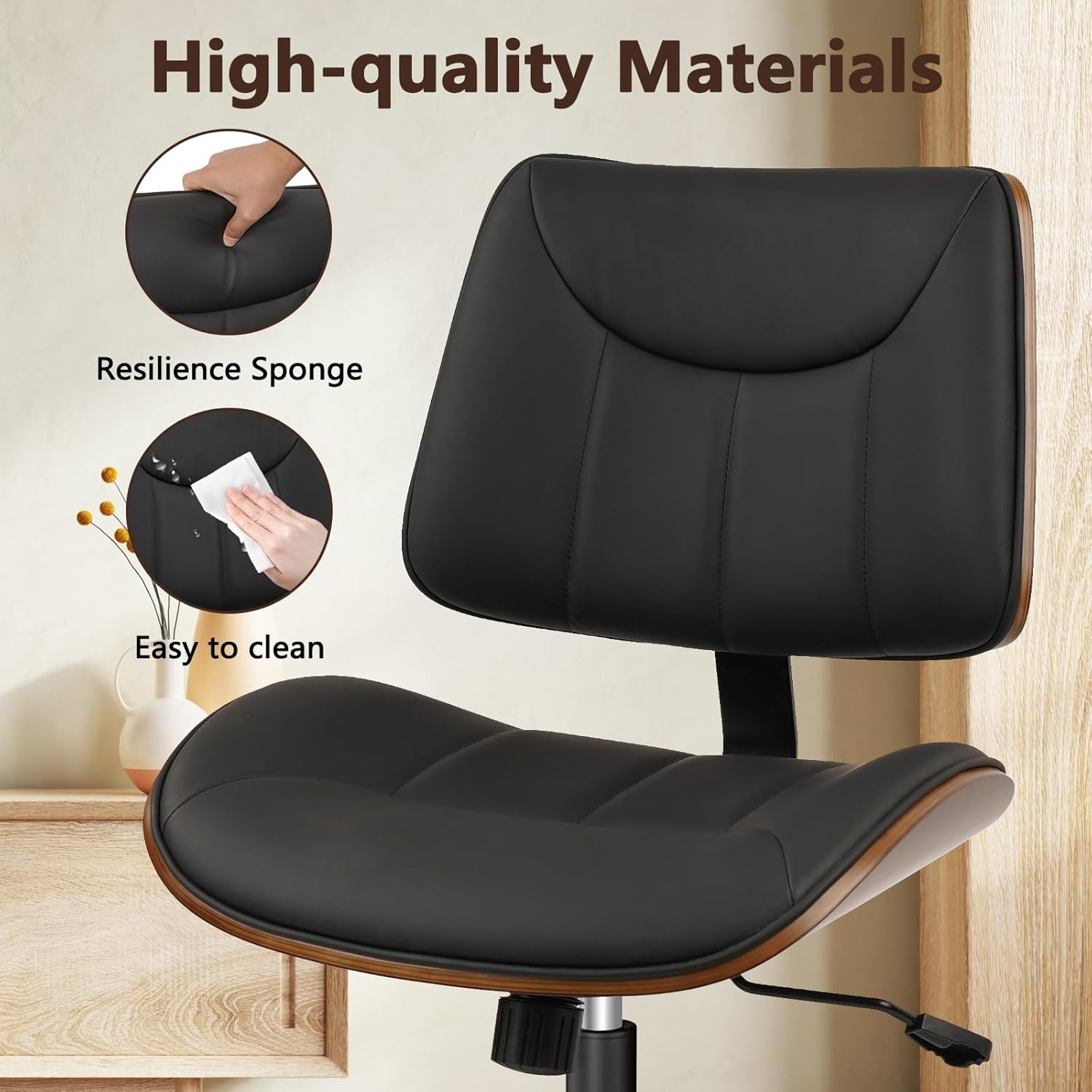 image:imageCLATINA Armless Home Office Chair Desk Chair with Wheels Adjustable Height Reading Chair Leather Mid Back amp Swivel Computer Chair Modern Walnut Chairs with Back for Studio Meeting RoomBlackBlack Linear