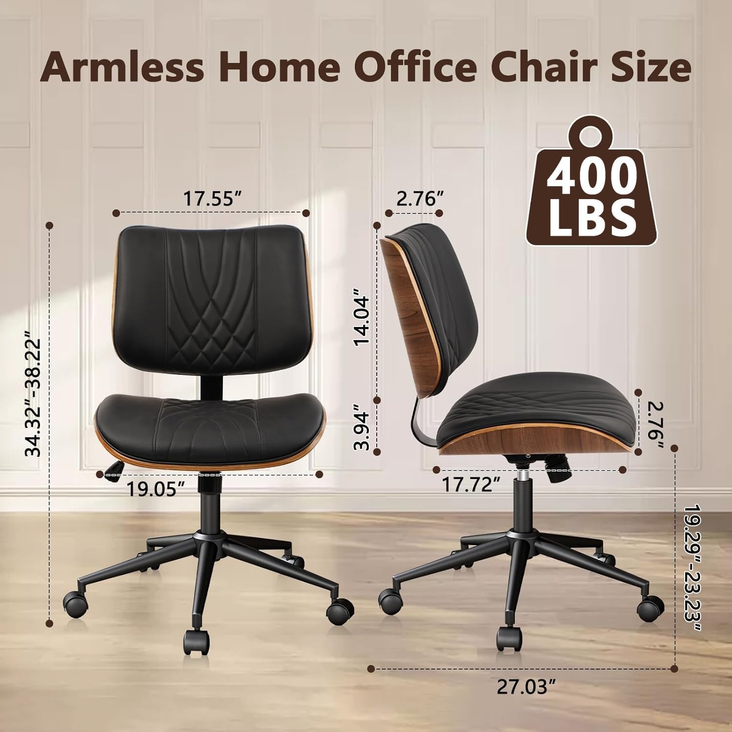 image:imageCLATINA Armless Home Office Chair Desk Chair with Wheels Adjustable Height Reading Chair Leather Mid Back amp Swivel Computer Chair Modern Walnut Chairs with Back for Studio Meeting RoomBlackBlack Diamonda