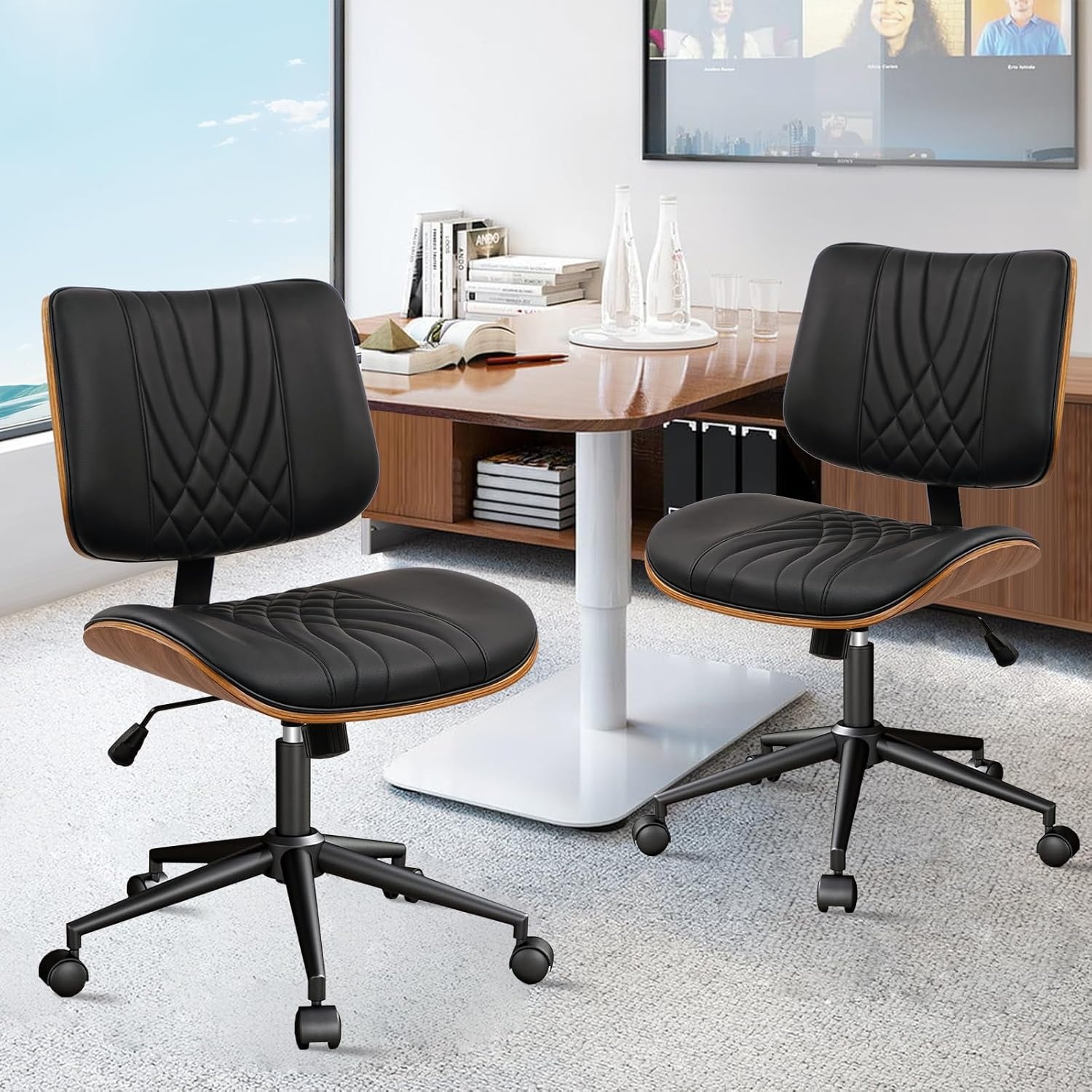 image:imageCLATINA Armless Home Office Chair Desk Chair with Wheels Adjustable Height Reading Chair Leather Mid Back amp Swivel Computer Chair Modern Walnut Chairs with Back for Studio Meeting RoomBlackBlack Diamonda