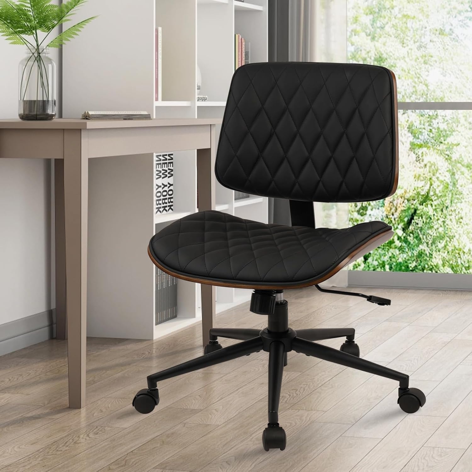 image:imageCLATINA Armless Home Office Chair Desk Chair with Wheels Adjustable Height Reading Chair Leather Mid Back amp Swivel Computer Chair Modern Walnut Chairs with Back for Studio Meeting RoomBlackBlack Diamondb