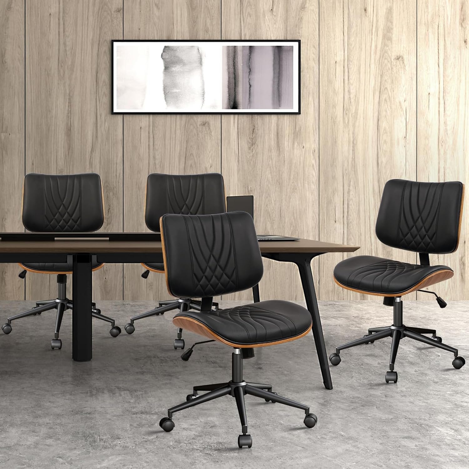 image:imageCLATINA Armless Home Office Chair Desk Chair with Wheels Adjustable Height Reading Chair Leather Mid Back amp Swivel Computer Chair Modern Walnut Chairs with Back for Studio Meeting RoomBlackBlack Diamonda