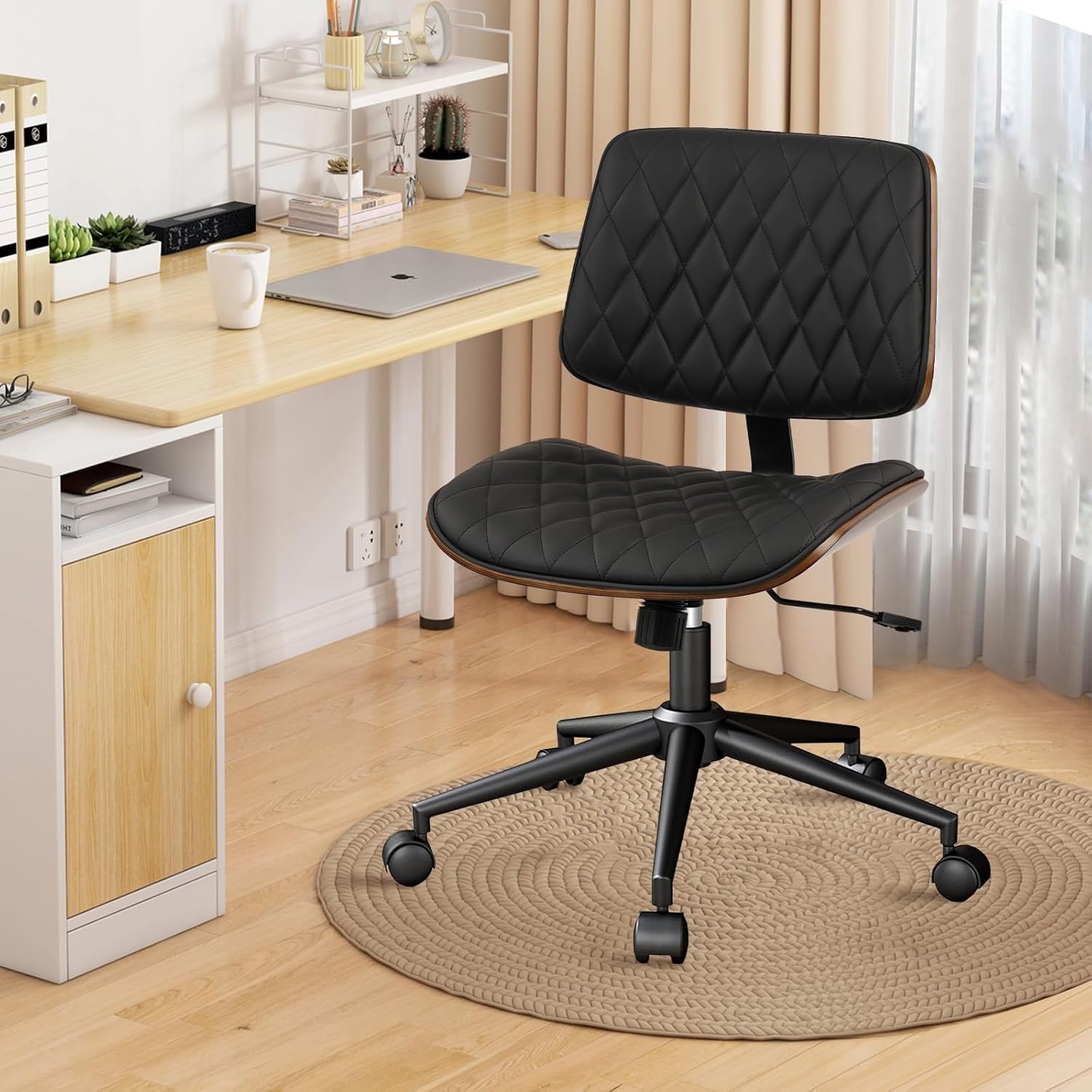 image:imageCLATINA Armless Home Office Chair Desk Chair with Wheels Adjustable Height Reading Chair Leather Mid Back amp Swivel Computer Chair Modern Walnut Chairs with Back for Studio Meeting RoomBlackBlack Diamondb
