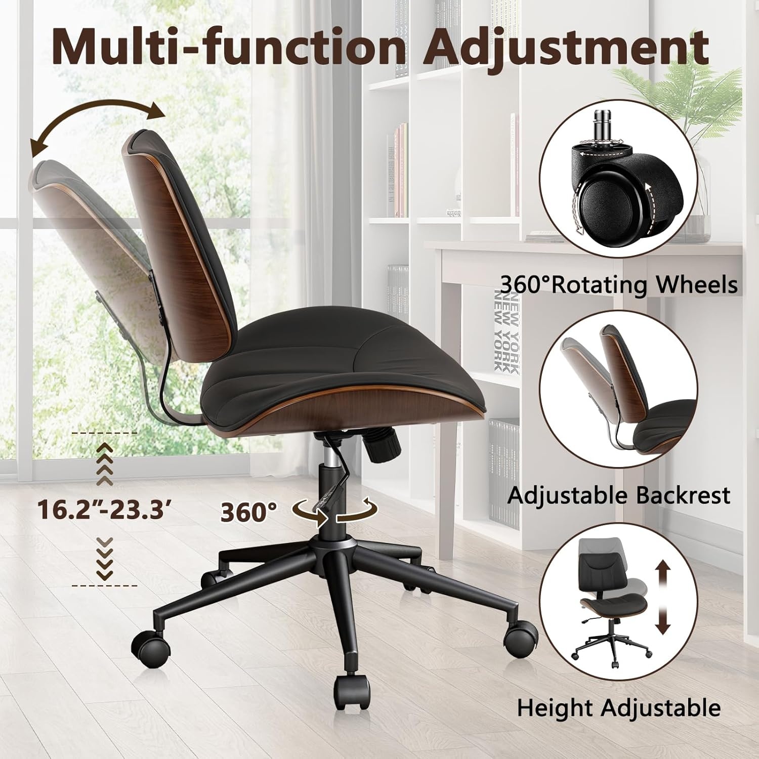 image:imageCLATINA Armless Home Office Chair Desk Chair with Wheels Adjustable Height Reading Chair Leather Mid Back amp Swivel Computer Chair Modern Walnut Chairs with Back for Studio Meeting RoomBlackBlack Linear