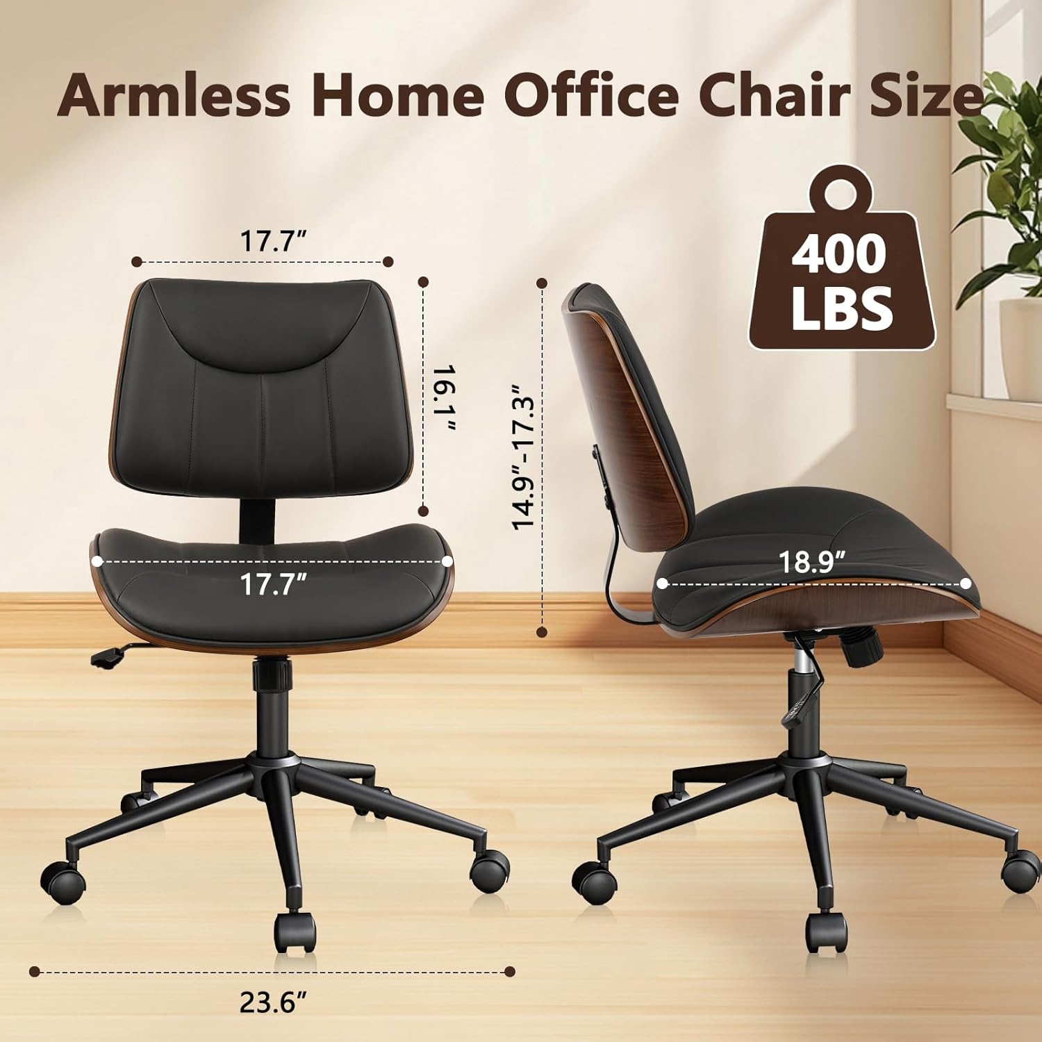 image:imageCLATINA Armless Home Office Chair Desk Chair with Wheels Adjustable Height Reading Chair Leather Mid Back amp Swivel Computer Chair Modern Walnut Chairs with Back for Studio Meeting RoomBlackBlack Linear
