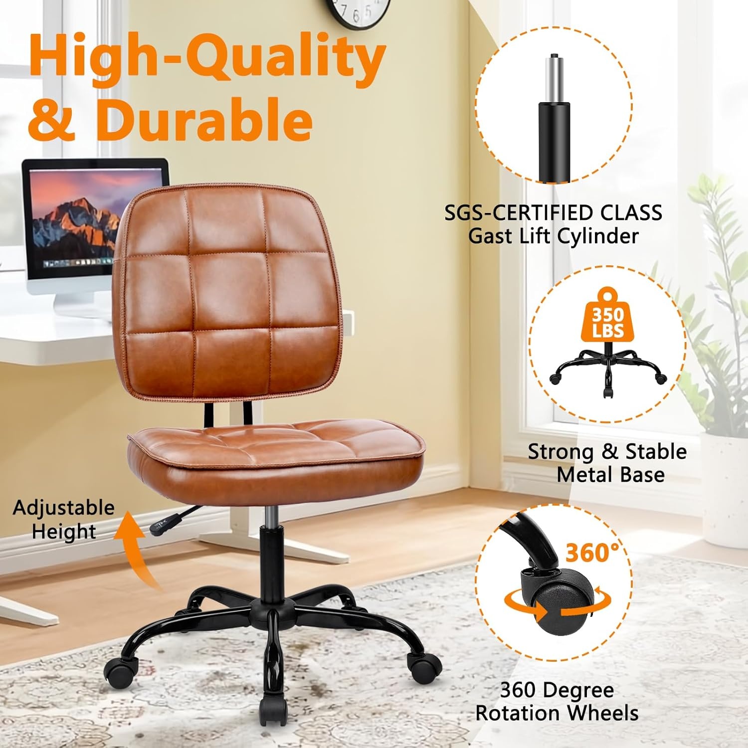 image:imageCLATINA Armless Home Office Chair Ergonomic Small Desk Chair with Wheels and Soft Thick Upholstered Cushion Comfy Adjustable Height Swivel Computer Task Chair for Conference Waiting Meeting BlackBrownheihbao