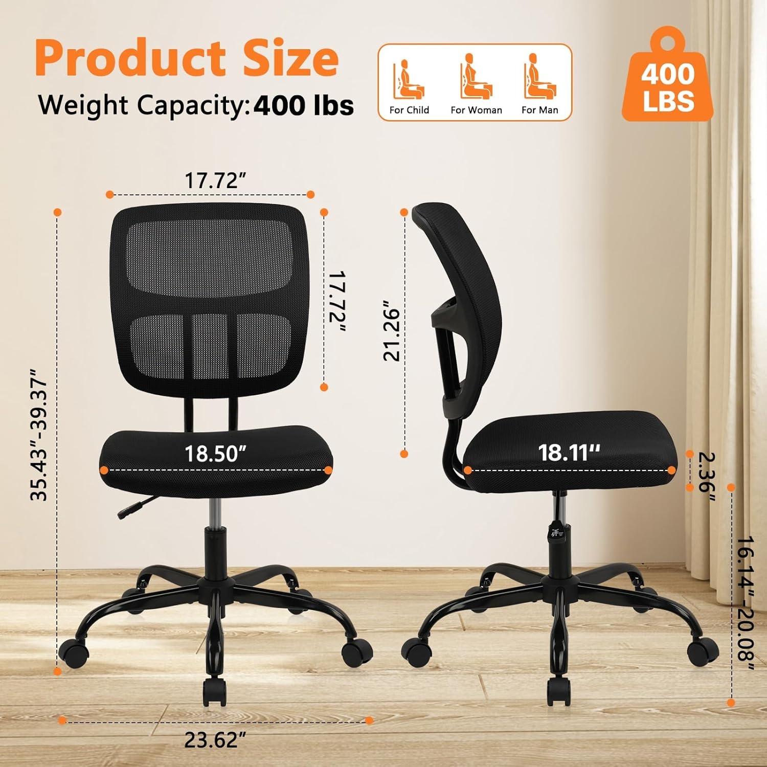 image:imageCLATINA Armless Home Office Chair Ergonomic Small Desk Chair with Wheels and Soft Thick Upholstered Cushion Comfy Adjustable Height Swivel Computer Task Chair for Conference Waiting Meeting BlackBlacksprain