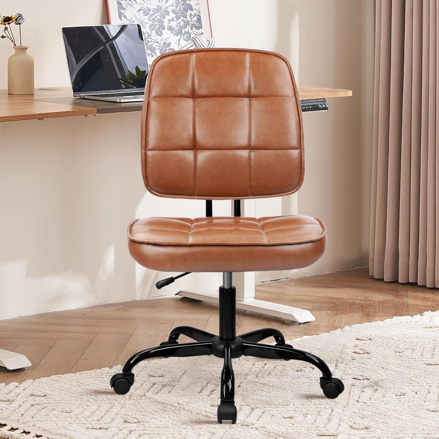 image:imageCLATINA Armless Home Office Chair Ergonomic Small Desk Chair with Wheels and Soft Thick Upholstered Cushion Comfy Adjustable Height Swivel Computer Task Chair for Conference Waiting Meeting BlackBrownheihbao
