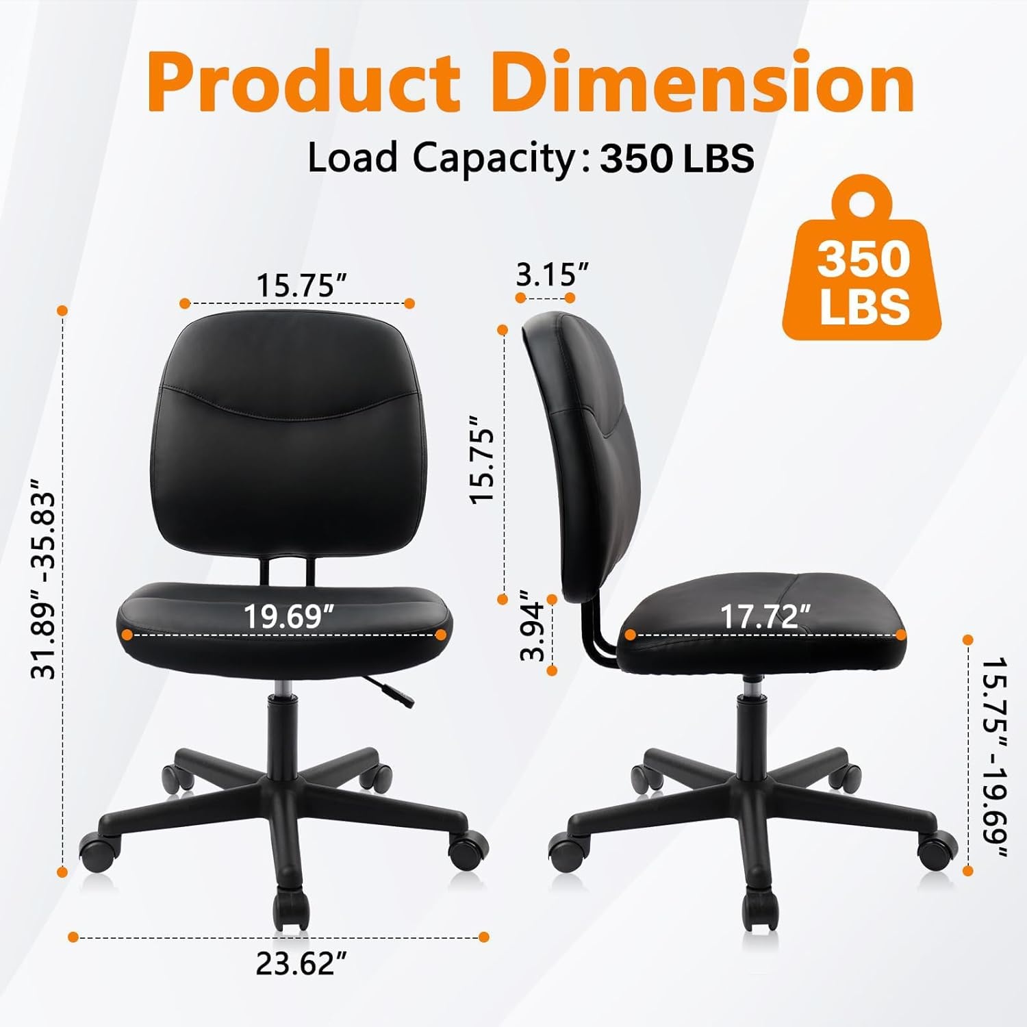image:imageCLATINA Armless Home Office Chair Ergonomic Small Desk Chair with Wheels and Soft Thick Upholstered Cushion Comfy Adjustable Height Swivel Computer Task Chair for Conference Waiting Meeting BlackBlackheihu