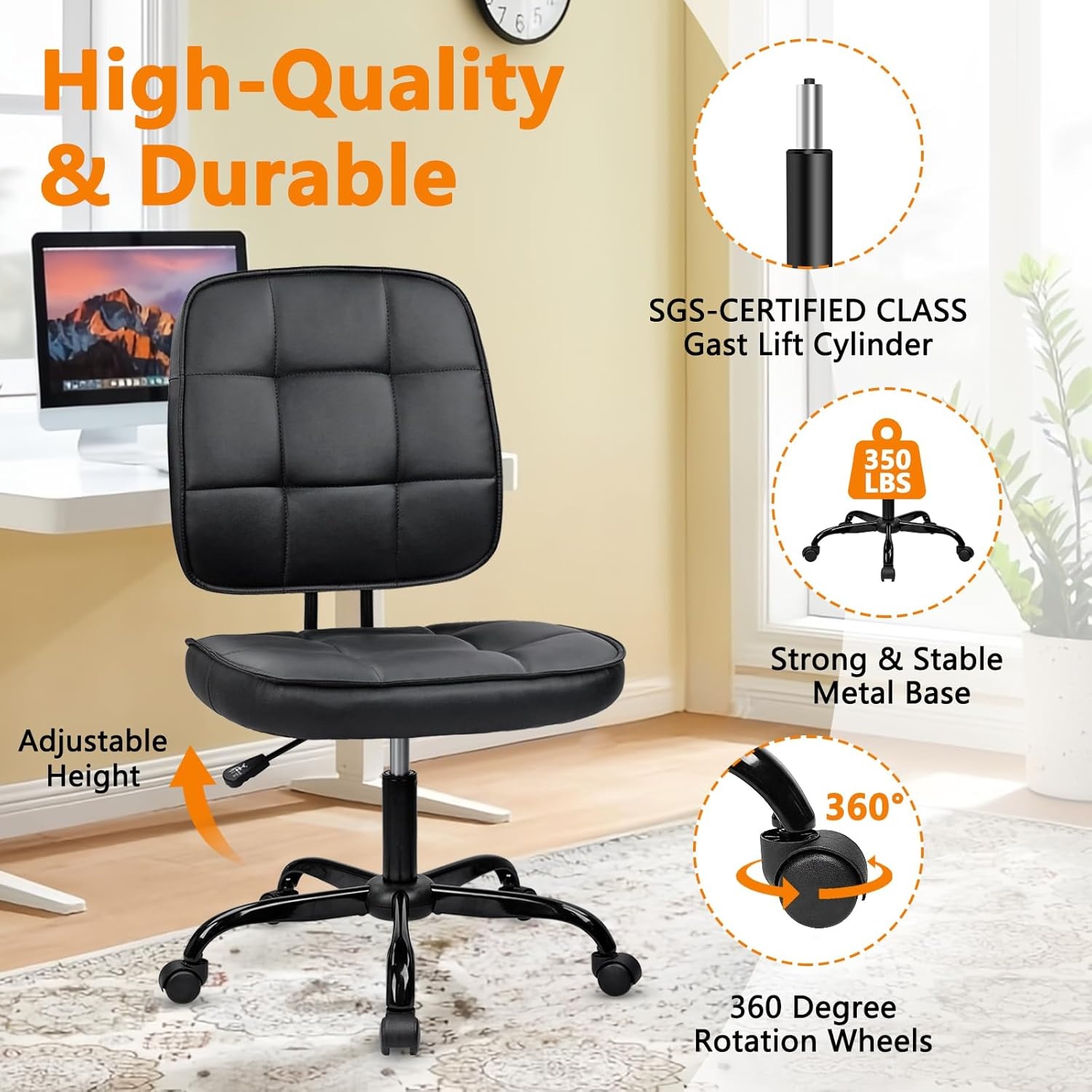 image:imageCLATINA Armless Home Office Chair Ergonomic Small Desk Chair with Wheels and Soft Thick Upholstered Cushion Comfy Adjustable Height Swivel Computer Task Chair for Conference Waiting Meeting BlackBlackheihbao