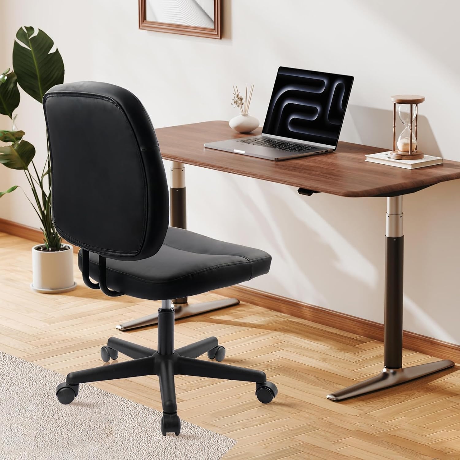 image:imageCLATINA Armless Home Office Chair Ergonomic Small Desk Chair with Wheels and Soft Thick Upholstered Cushion Comfy Adjustable Height Swivel Computer Task Chair for Conference Waiting Meeting BlackBlackheihu