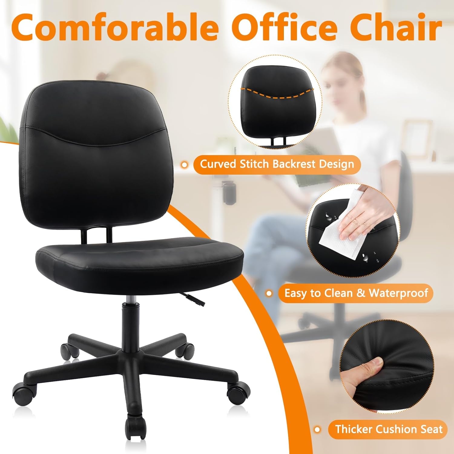 image:imageCLATINA Armless Home Office Chair Ergonomic Small Desk Chair with Wheels and Soft Thick Upholstered Cushion Comfy Adjustable Height Swivel Computer Task Chair for Conference Waiting Meeting BlackBlackheihu