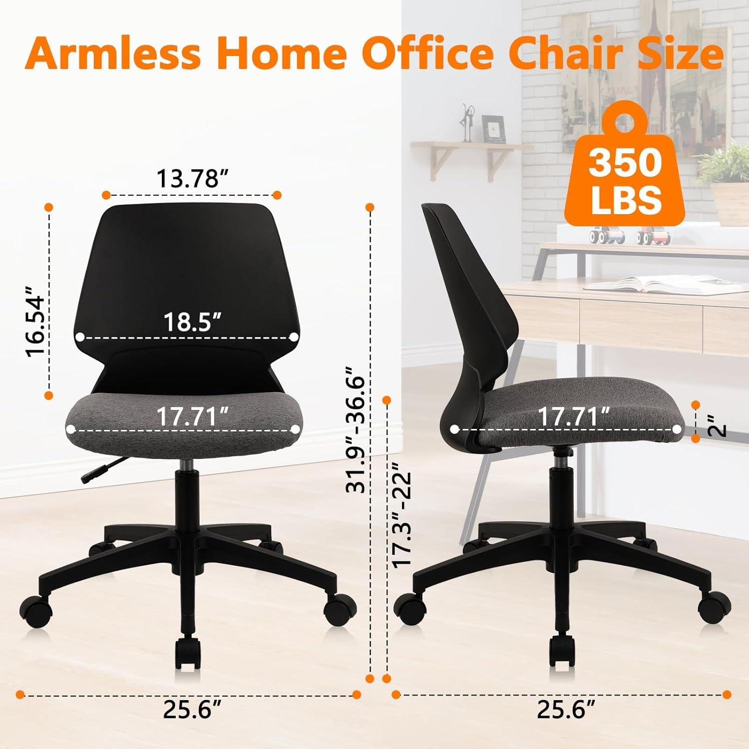 image:imageCLATINA Armless Home Office Chair Ergonomic Small Desk Chair with Wheels and Soft Thick Upholstered Cushion Comfy Adjustable Height Swivel Computer Task Chair for Conference Waiting Meeting BlackBlackrubor