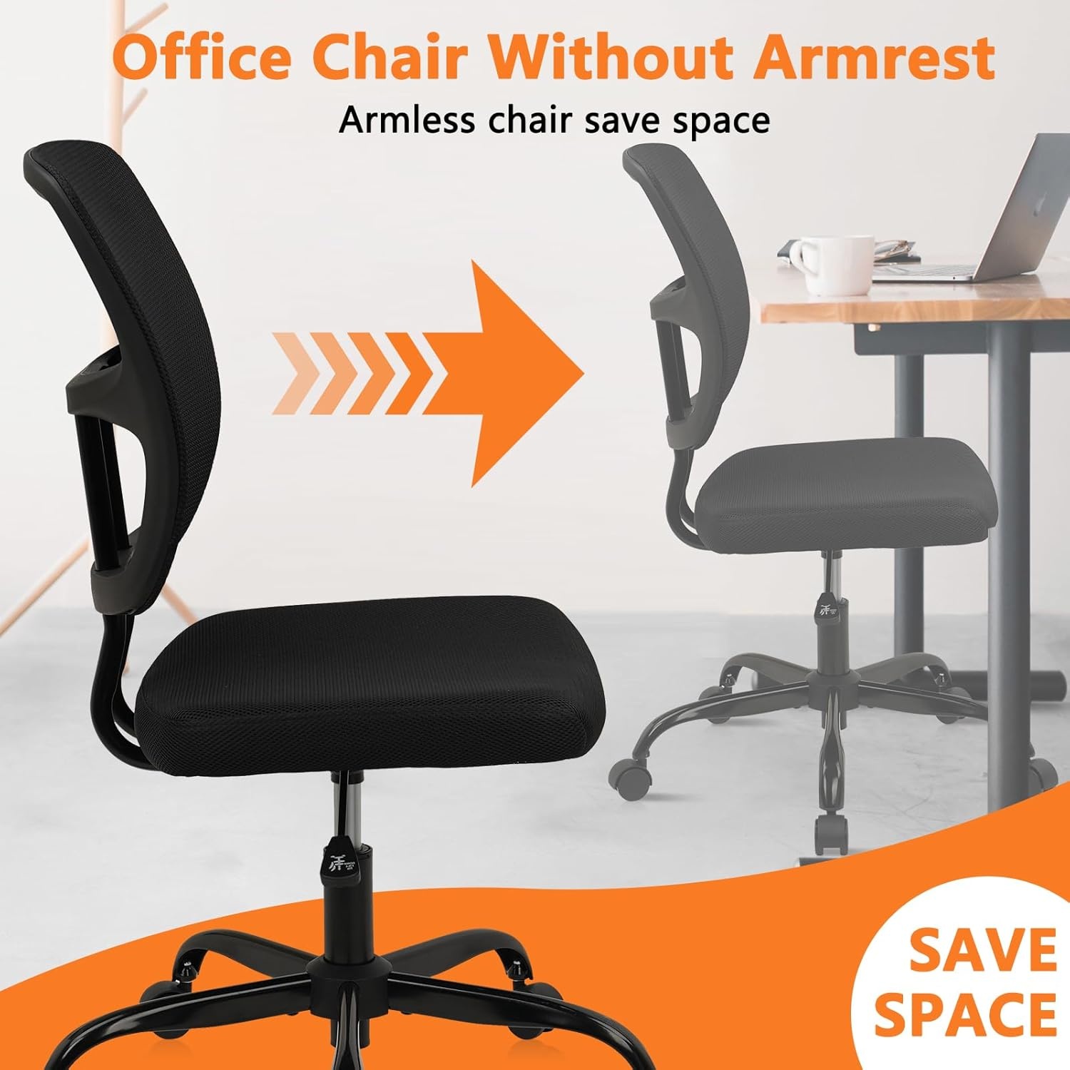 image:imageCLATINA Armless Home Office Chair Ergonomic Small Desk Chair with Wheels and Soft Thick Upholstered Cushion Comfy Adjustable Height Swivel Computer Task Chair for Conference Waiting Meeting BlackBlacksprain