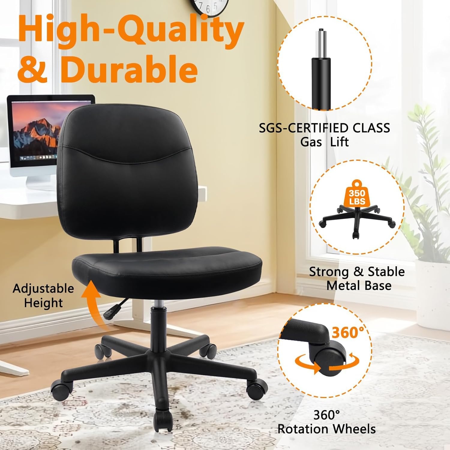 image:imageCLATINA Armless Home Office Chair Ergonomic Small Desk Chair with Wheels and Soft Thick Upholstered Cushion Comfy Adjustable Height Swivel Computer Task Chair for Conference Waiting Meeting BlackBlackheihu