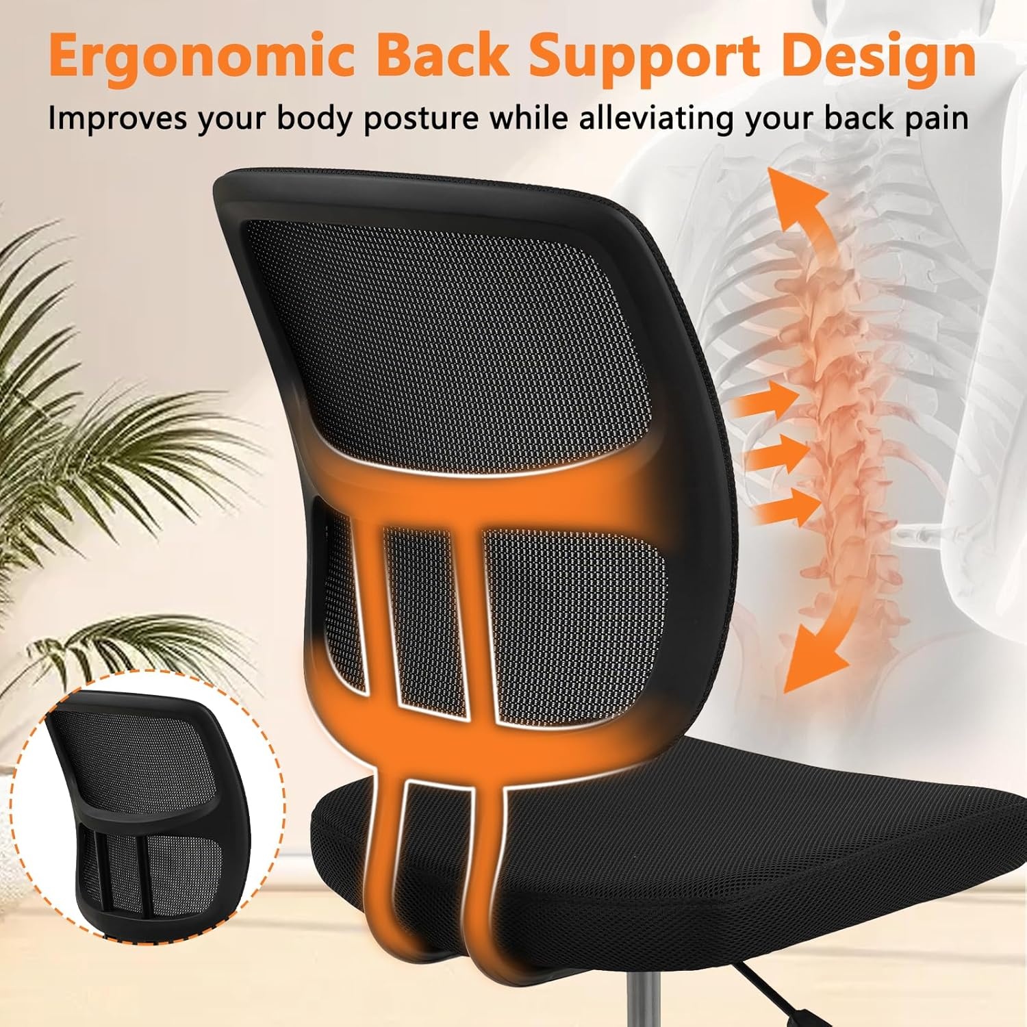 image:imageCLATINA Armless Home Office Chair Ergonomic Small Desk Chair with Wheels and Soft Thick Upholstered Cushion Comfy Adjustable Height Swivel Computer Task Chair for Conference Waiting Meeting BlackBlacksprain