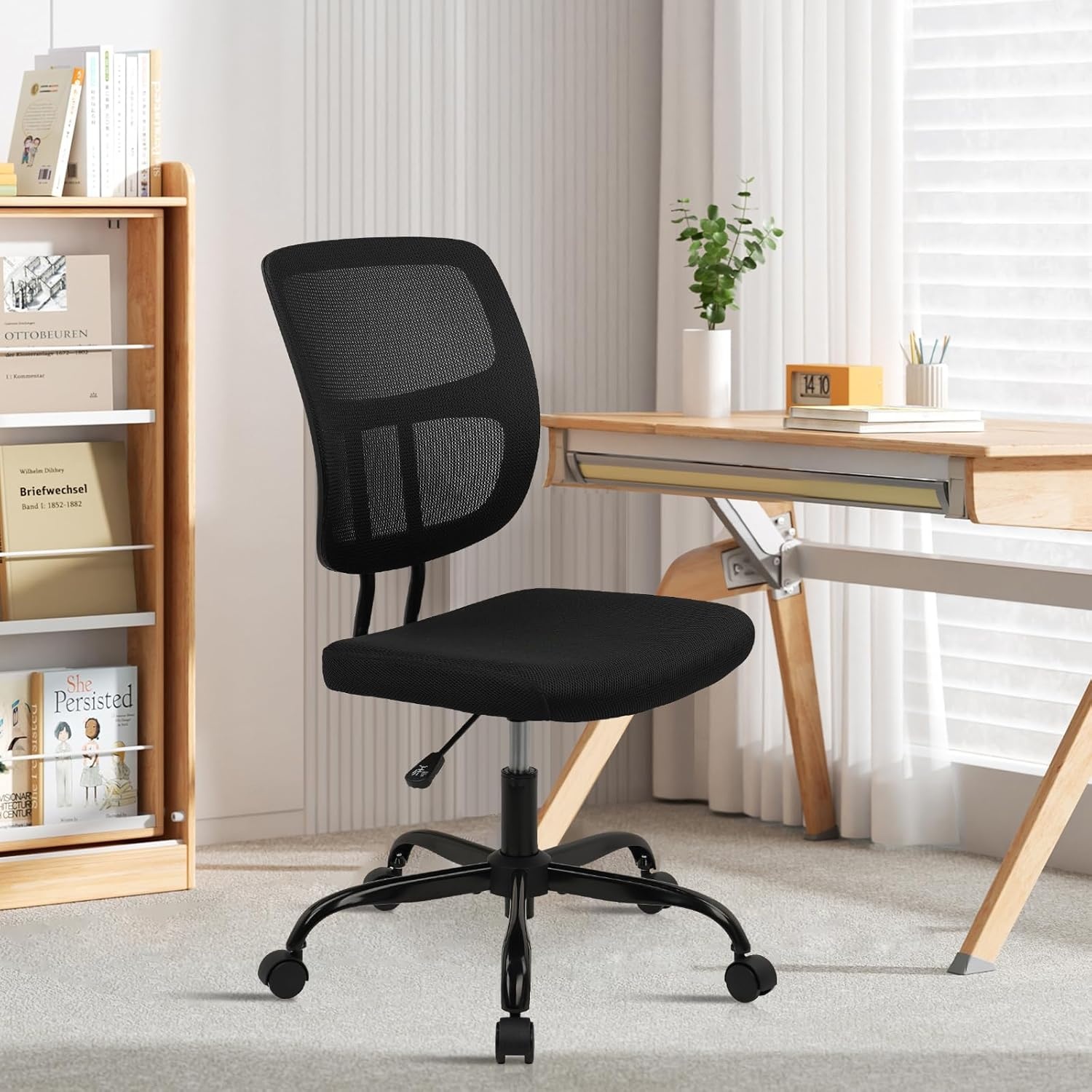 image:imageCLATINA Armless Home Office Chair Ergonomic Small Desk Chair with Wheels and Soft Thick Upholstered Cushion Comfy Adjustable Height Swivel Computer Task Chair for Conference Waiting Meeting BlackBlacksprain