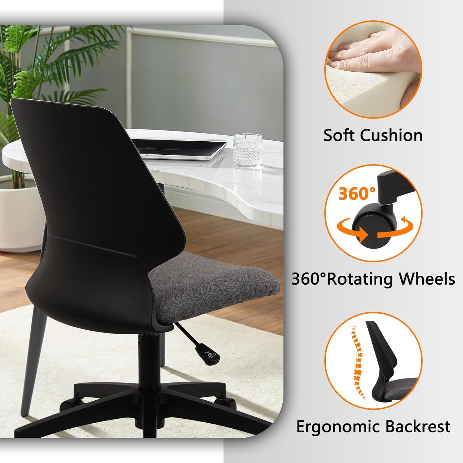 image:imageCLATINA Armless Home Office Chair Ergonomic Small Desk Chair with Wheels and Soft Thick Upholstered Cushion Comfy Adjustable Height Swivel Computer Task Chair for Conference Waiting Meeting BlackBlackrubor