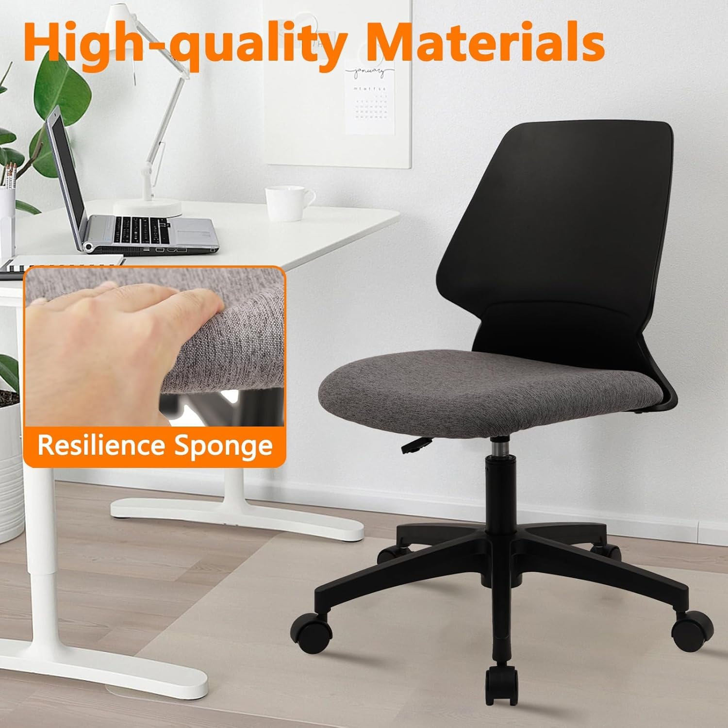 image:imageCLATINA Armless Home Office Chair Ergonomic Small Desk Chair with Wheels and Soft Thick Upholstered Cushion Comfy Adjustable Height Swivel Computer Task Chair for Conference Waiting Meeting BlackBlackrubor