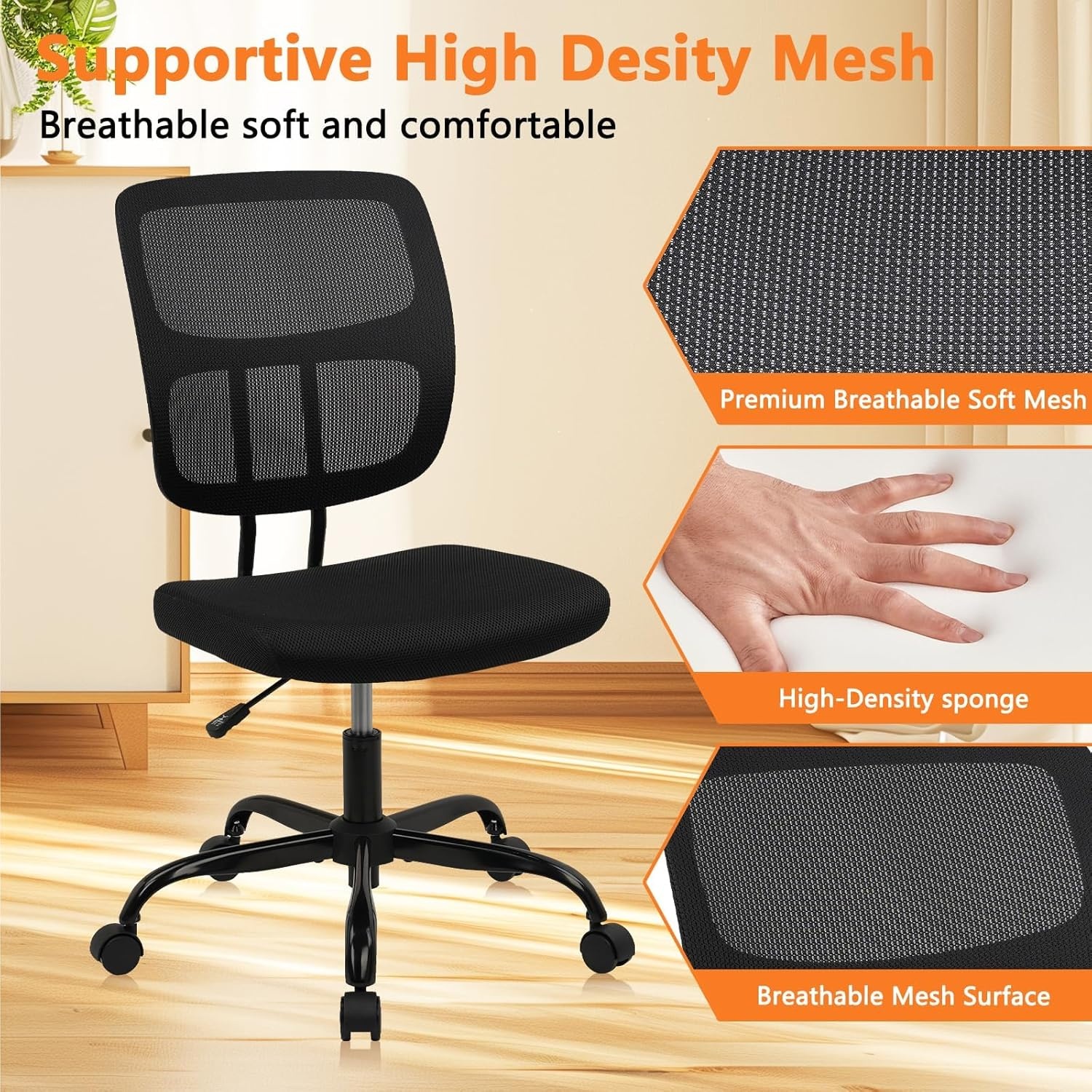 image:imageCLATINA Armless Home Office Chair Ergonomic Small Desk Chair with Wheels and Soft Thick Upholstered Cushion Comfy Adjustable Height Swivel Computer Task Chair for Conference Waiting Meeting BlackBlacksprain