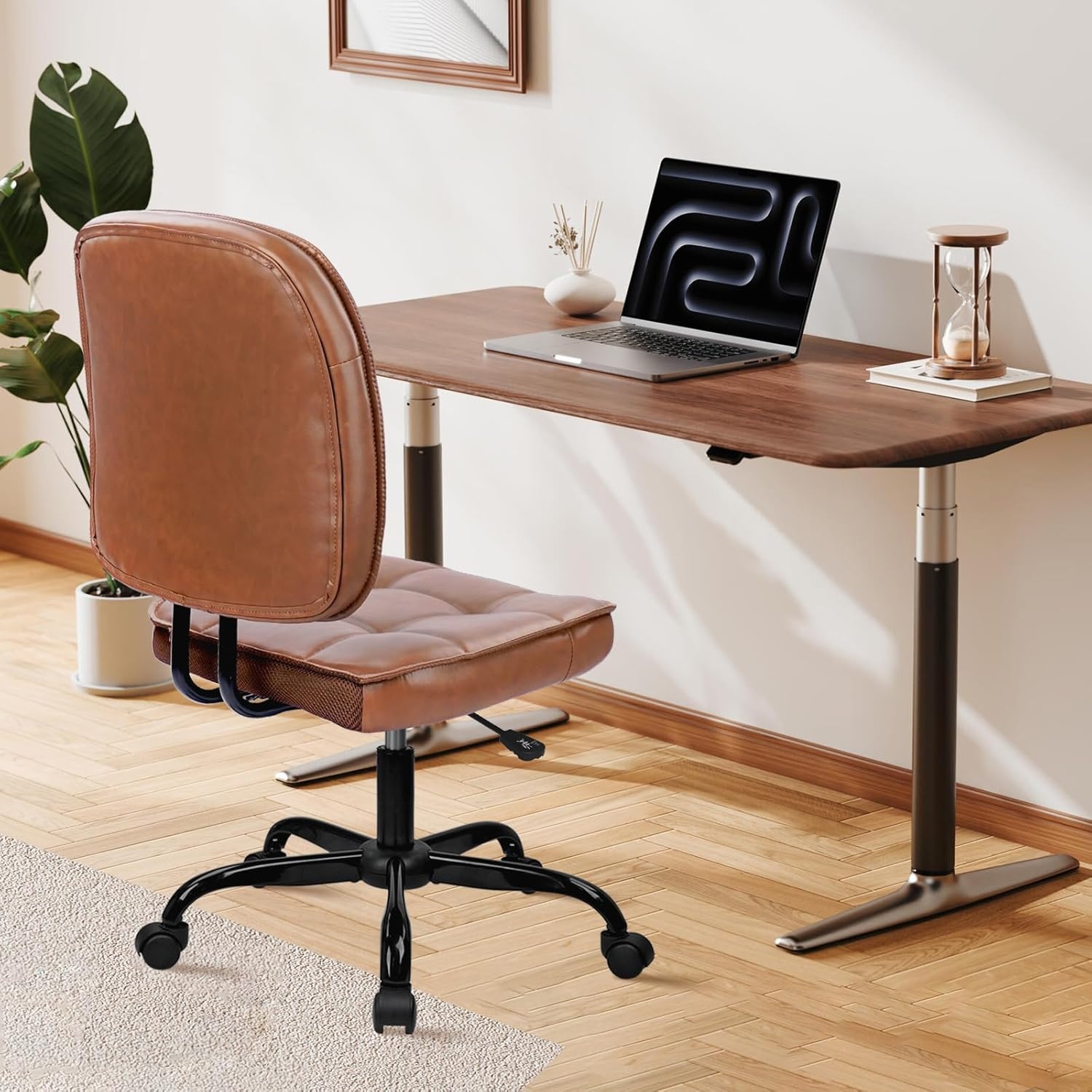 image:imageCLATINA Armless Home Office Chair Ergonomic Small Desk Chair with Wheels and Soft Thick Upholstered Cushion Comfy Adjustable Height Swivel Computer Task Chair for Conference Waiting Meeting BlackBrownheihbao