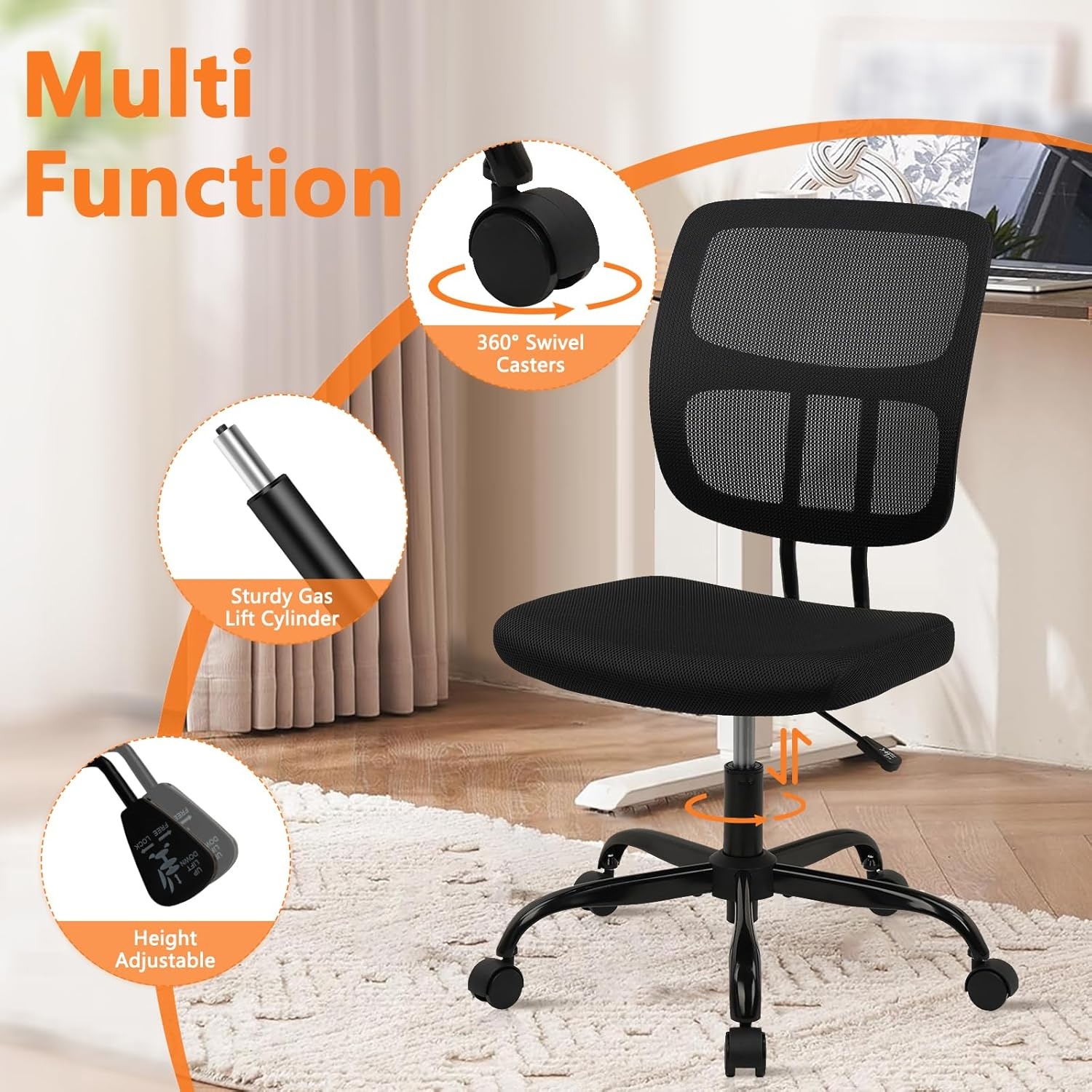 image:imageCLATINA Armless Home Office Chair Ergonomic Small Desk Chair with Wheels and Soft Thick Upholstered Cushion Comfy Adjustable Height Swivel Computer Task Chair for Conference Waiting Meeting BlackBlacksprain