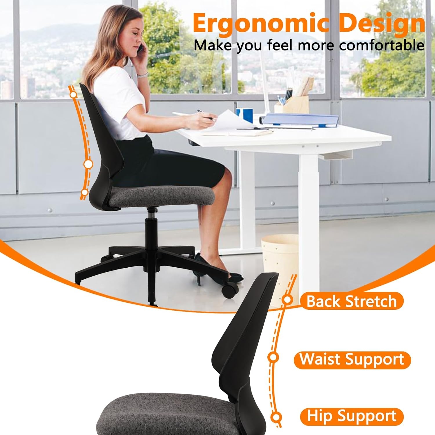 image:imageCLATINA Armless Home Office Chair Ergonomic Small Desk Chair with Wheels and Soft Thick Upholstered Cushion Comfy Adjustable Height Swivel Computer Task Chair for Conference Waiting Meeting BlackBlackrubor