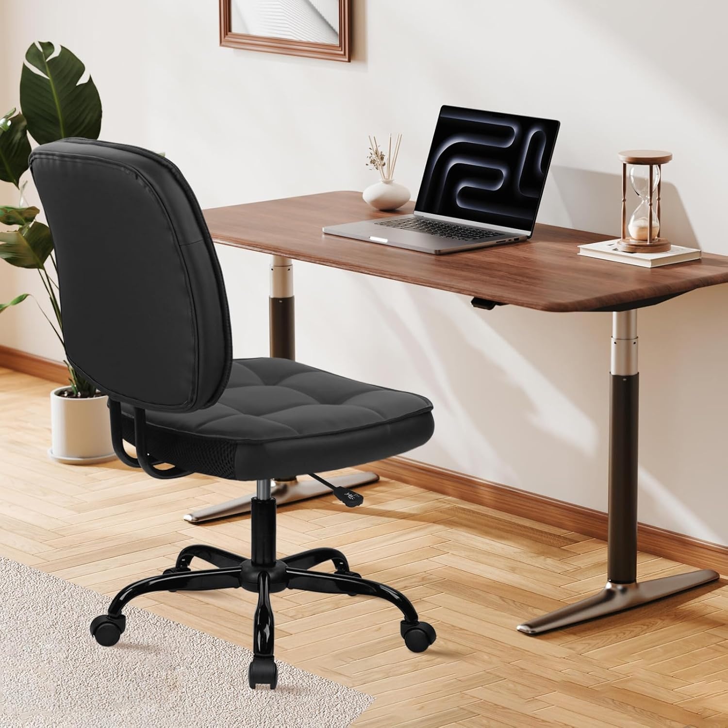 image:imageCLATINA Armless Home Office Chair Ergonomic Small Desk Chair with Wheels and Soft Thick Upholstered Cushion Comfy Adjustable Height Swivel Computer Task Chair for Conference Waiting Meeting BlackBlackheihbao