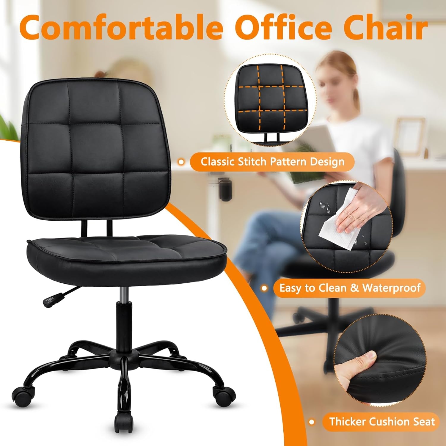 image:imageCLATINA Armless Home Office Chair Ergonomic Small Desk Chair with Wheels and Soft Thick Upholstered Cushion Comfy Adjustable Height Swivel Computer Task Chair for Conference Waiting Meeting BlackBlackheihbao