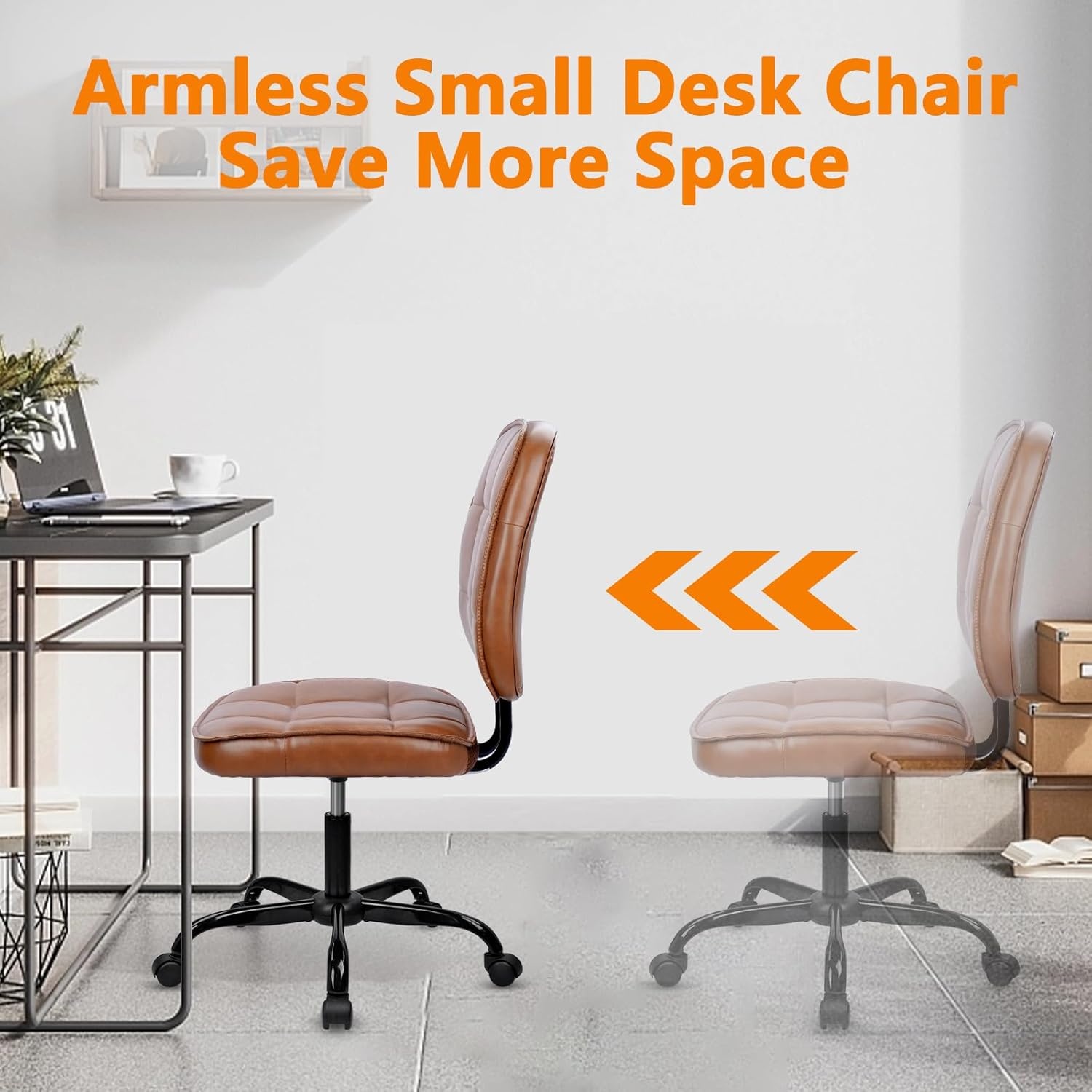 image:imageCLATINA Armless Home Office Chair Ergonomic Small Desk Chair with Wheels and Soft Thick Upholstered Cushion Comfy Adjustable Height Swivel Computer Task Chair for Conference Waiting Meeting BlackBrownheihbao