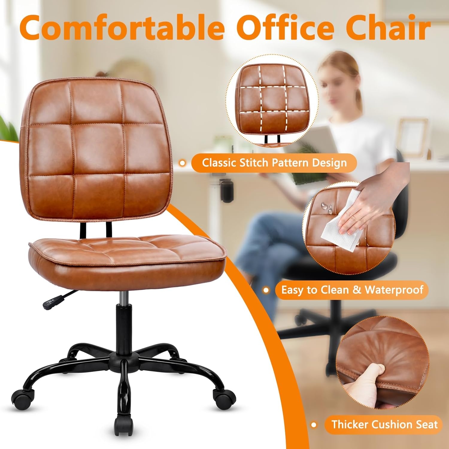 image:imageCLATINA Armless Home Office Chair Ergonomic Small Desk Chair with Wheels and Soft Thick Upholstered Cushion Comfy Adjustable Height Swivel Computer Task Chair for Conference Waiting Meeting BlackBrownheihbao