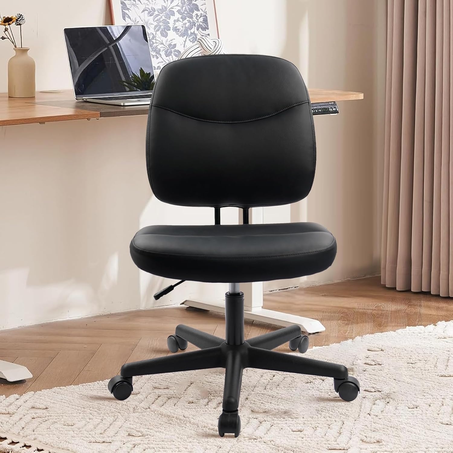 image:imageCLATINA Armless Home Office Chair Ergonomic Small Desk Chair with Wheels and Soft Thick Upholstered Cushion Comfy Adjustable Height Swivel Computer Task Chair for Conference Waiting Meeting BlackBlackheihu