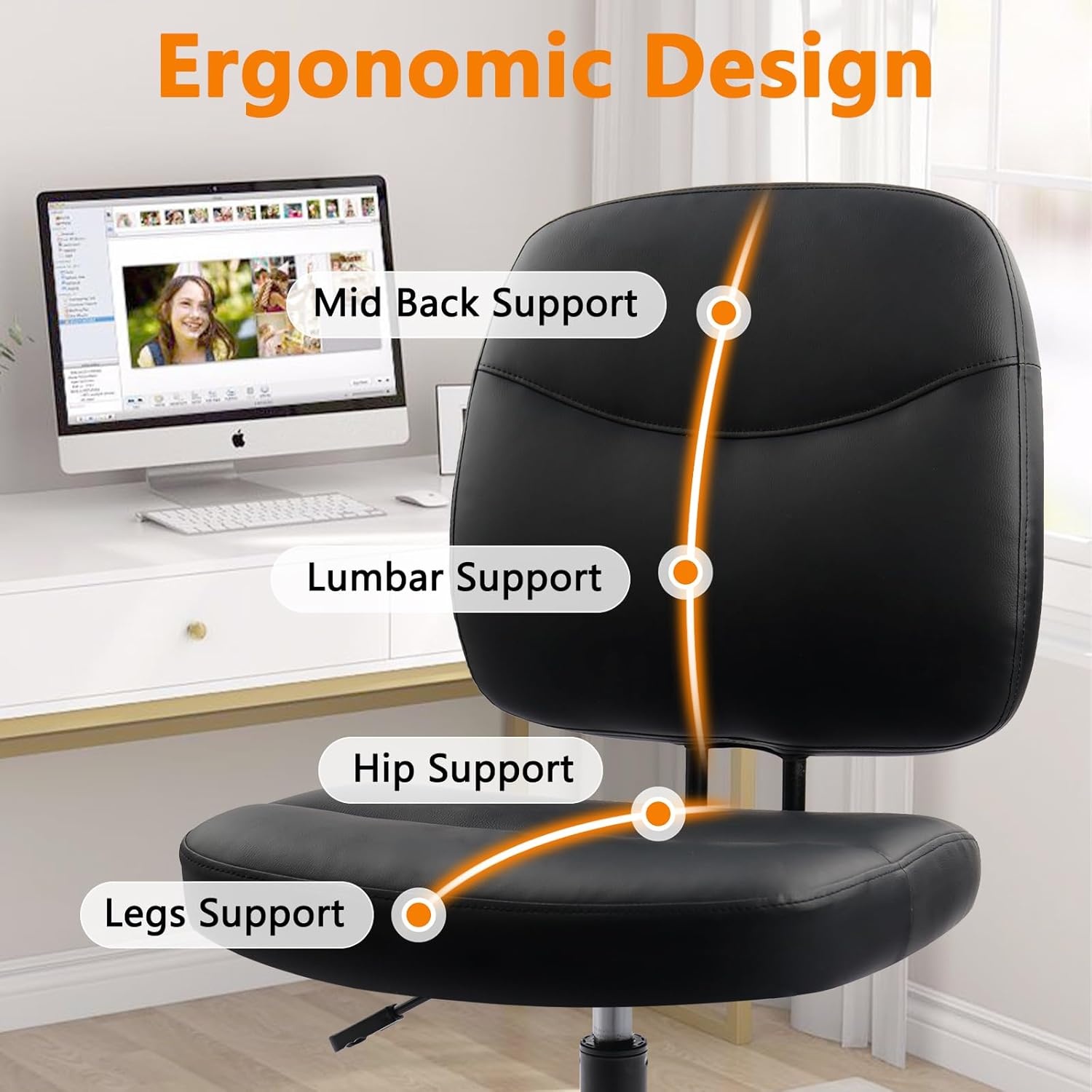 image:imageCLATINA Armless Home Office Chair Ergonomic Small Desk Chair with Wheels and Soft Thick Upholstered Cushion Comfy Adjustable Height Swivel Computer Task Chair for Conference Waiting Meeting BlackBlackheihu
