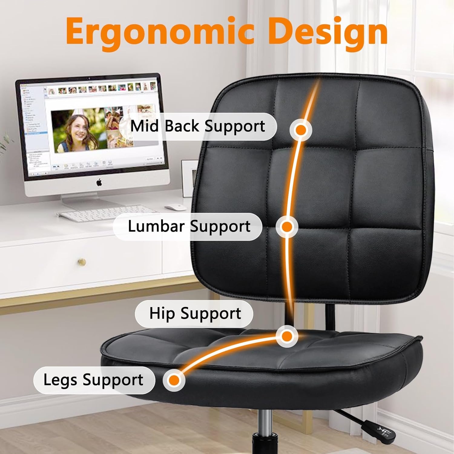 image:imageCLATINA Armless Home Office Chair Ergonomic Small Desk Chair with Wheels and Soft Thick Upholstered Cushion Comfy Adjustable Height Swivel Computer Task Chair for Conference Waiting Meeting BlackBlackheihbao