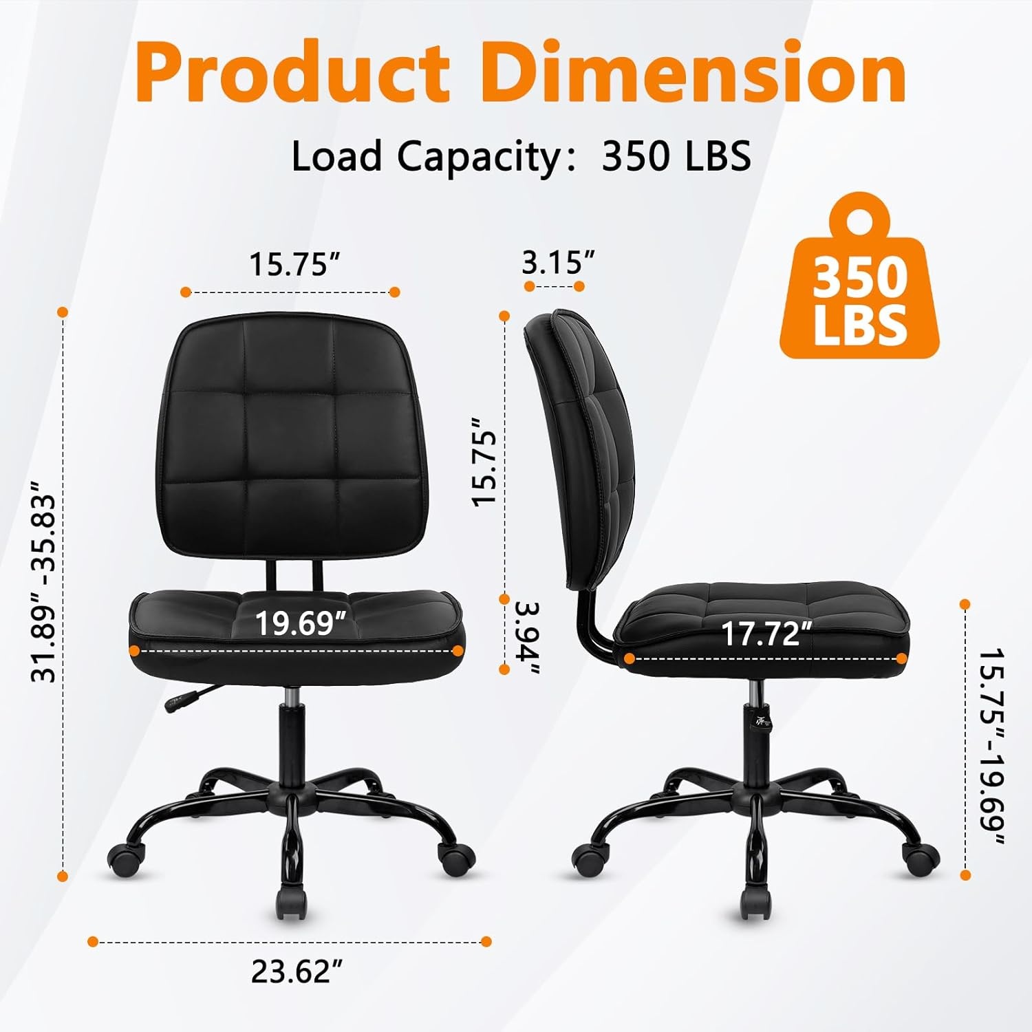 image:imageCLATINA Armless Home Office Chair Ergonomic Small Desk Chair with Wheels and Soft Thick Upholstered Cushion Comfy Adjustable Height Swivel Computer Task Chair for Conference Waiting Meeting BlackBlackheihbao