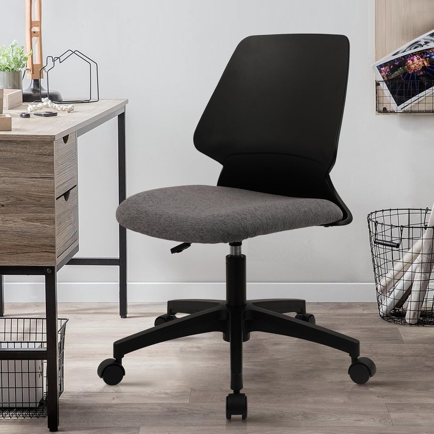 image:imageCLATINA Armless Home Office Chair Ergonomic Small Desk Chair with Wheels and Soft Thick Upholstered Cushion Comfy Adjustable Height Swivel Computer Task Chair for Conference Waiting Meeting BlackBlackrubor