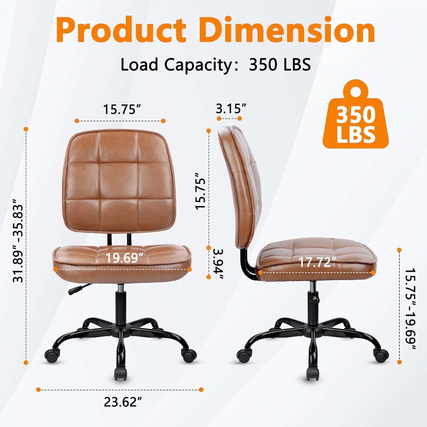 image:imageCLATINA Armless Home Office Chair Ergonomic Small Desk Chair with Wheels and Soft Thick Upholstered Cushion Comfy Adjustable Height Swivel Computer Task Chair for Conference Waiting Meeting BlackBrownheihbao
