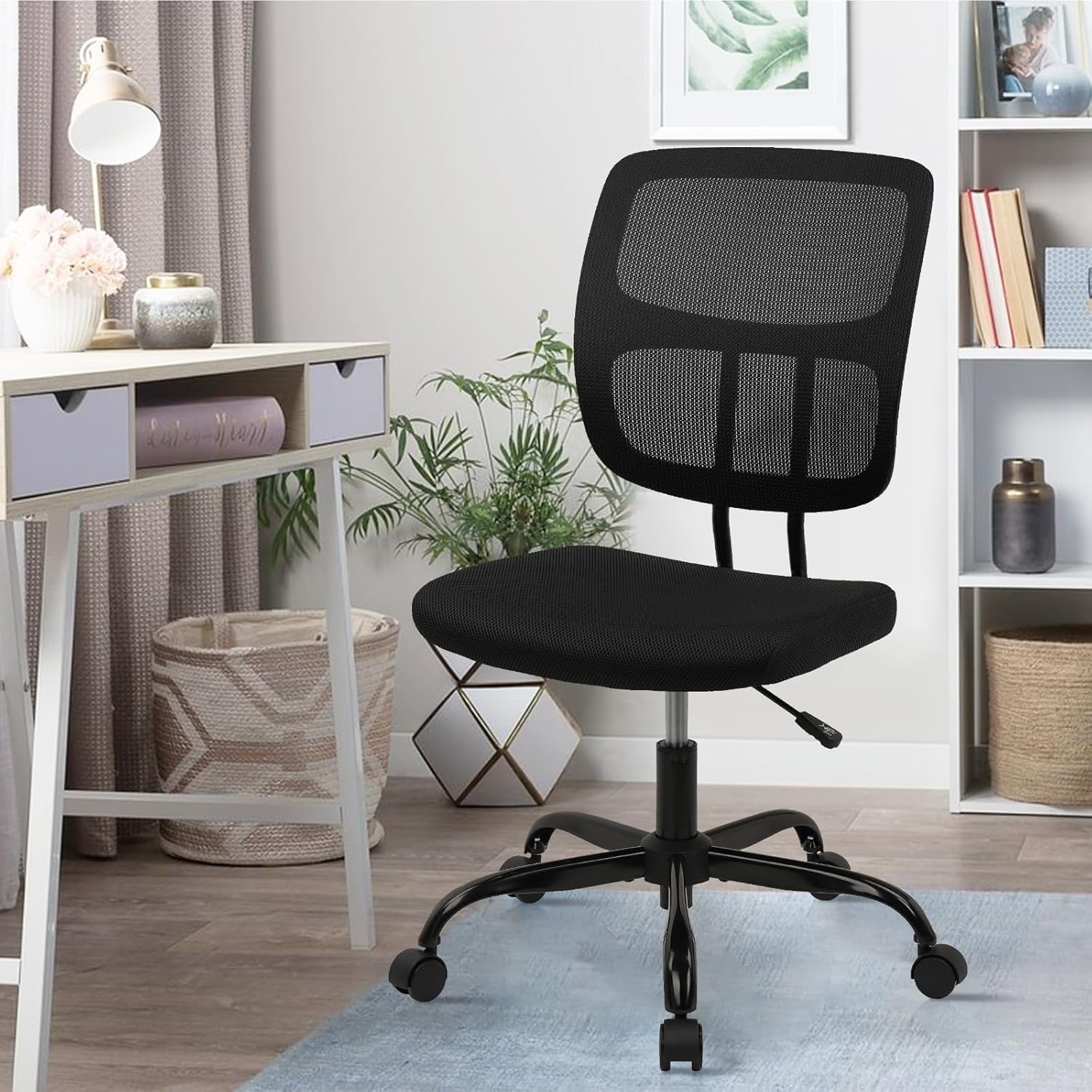 image:imageCLATINA Armless Home Office Chair Ergonomic Small Desk Chair with Wheels and Soft Thick Upholstered Cushion Comfy Adjustable Height Swivel Computer Task Chair for Conference Waiting Meeting BlackBlacksprain