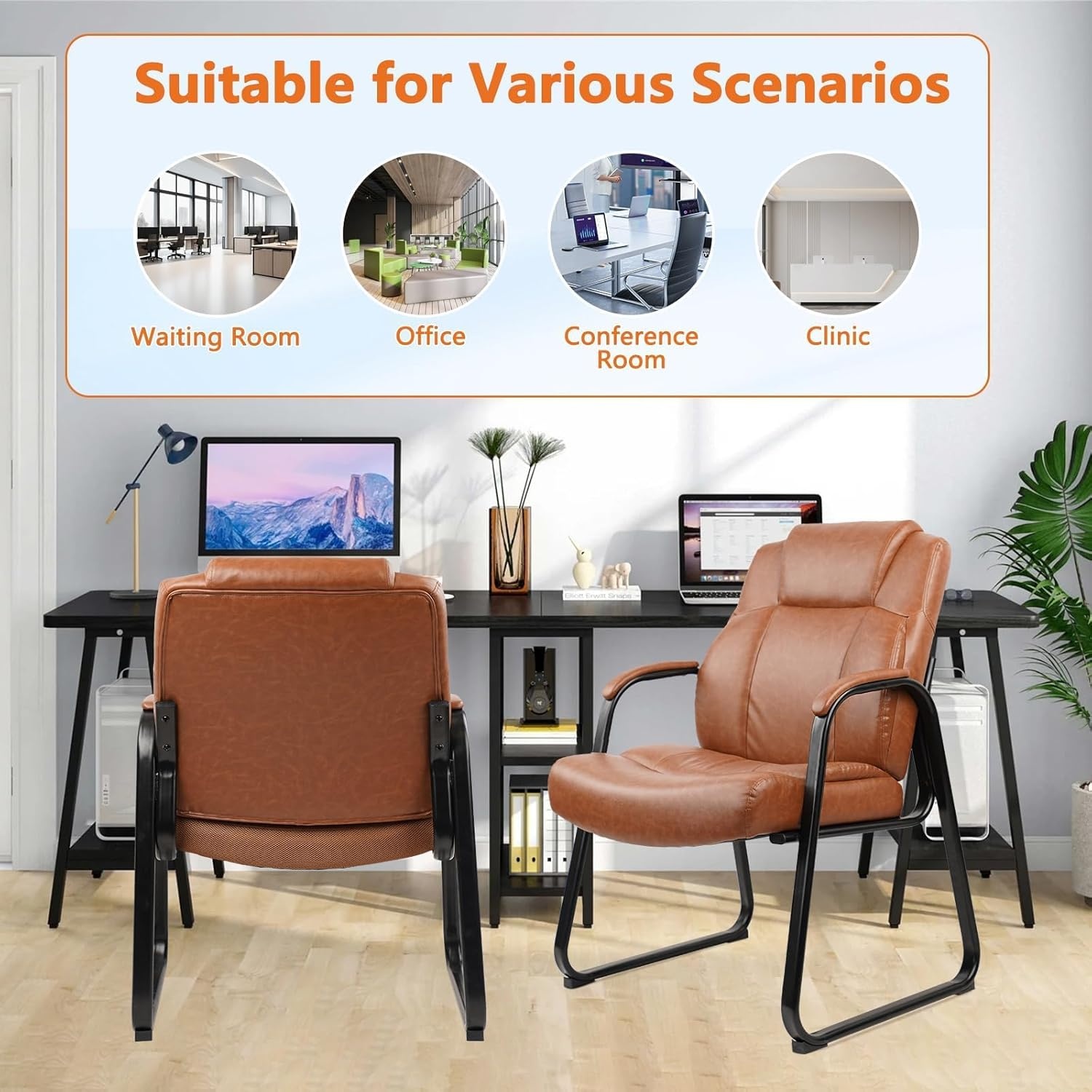 image:imageCLATINA Big and Tall Office Chair Set of 6 500lbs Leather Reception Chair with Bonded Padded Armrest Wide Seat Sled Base Desk Chair No Wheels for Reception Conference Waiting Room Side Office BlackBrown