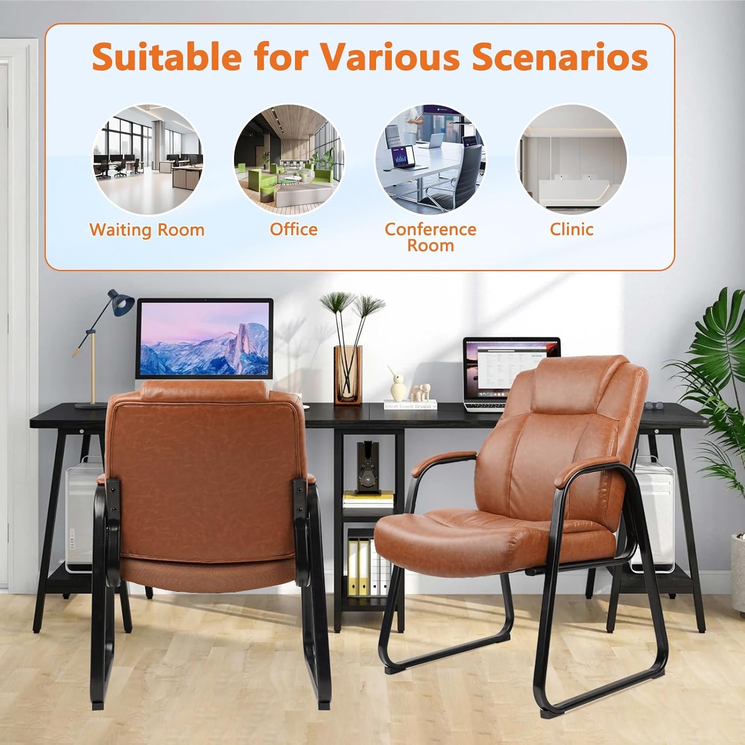 image:imageCLATINA Big and Tall Office Chair Set of 6 500lbs Leather Reception Chair with Bonded Padded Armrest Wide Seat Sled Base Desk Chair No Wheels for Reception Conference Waiting Room Side Office BlackBrown