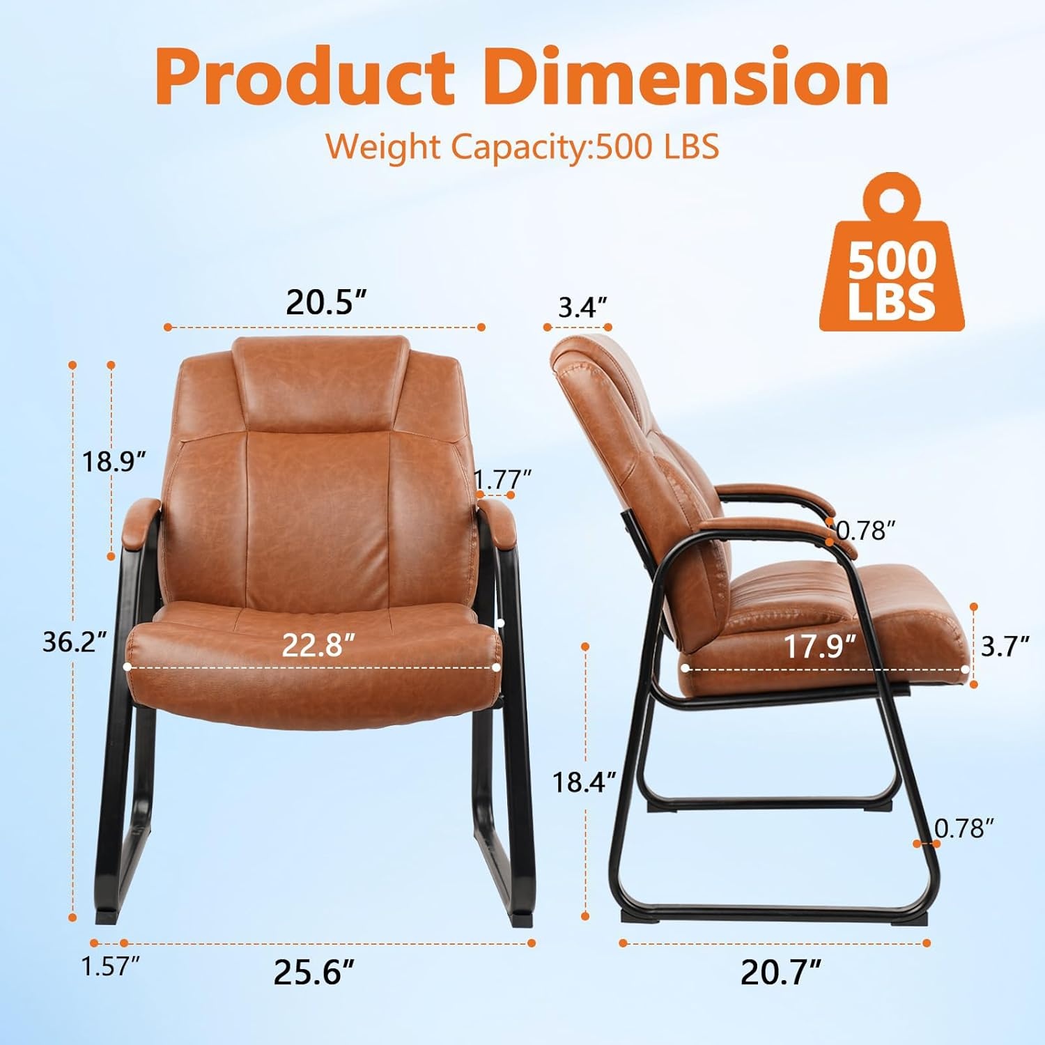 image:imageCLATINA Big and Tall Office Chair Set of 6 500lbs Leather Reception Chair with Bonded Padded Armrest Wide Seat Sled Base Desk Chair No Wheels for Reception Conference Waiting Room Side Office BlackBrown