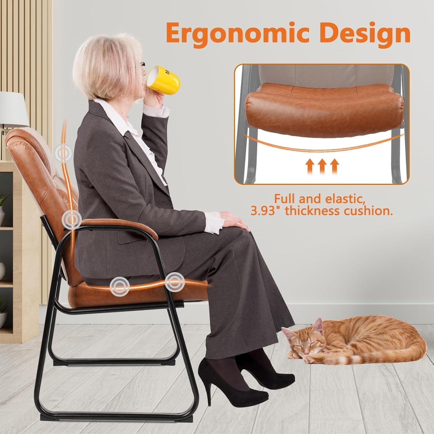 image:imageCLATINA Big and Tall Office Chair Set of 6 500lbs Leather Reception Chair with Bonded Padded Armrest Wide Seat Sled Base Desk Chair No Wheels for Reception Conference Waiting Room Side Office BlackBrown