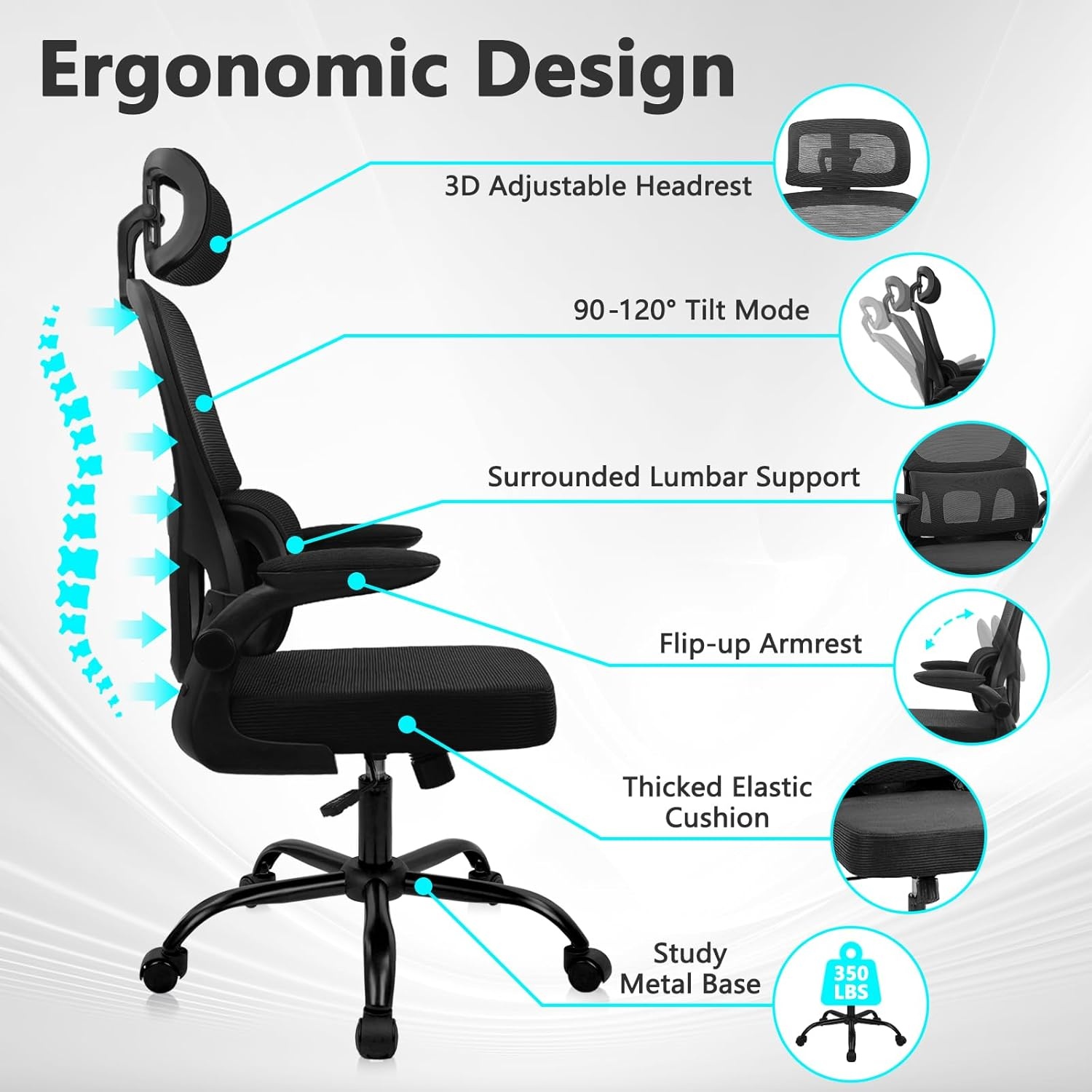 image:imageCLATINA Ergonomic Chair with FlipUp Arms and Lumbar Support High Back Mesh Computer Executive Chairs with Adjustable Headrest for Home Task Conference Room BlackBlack