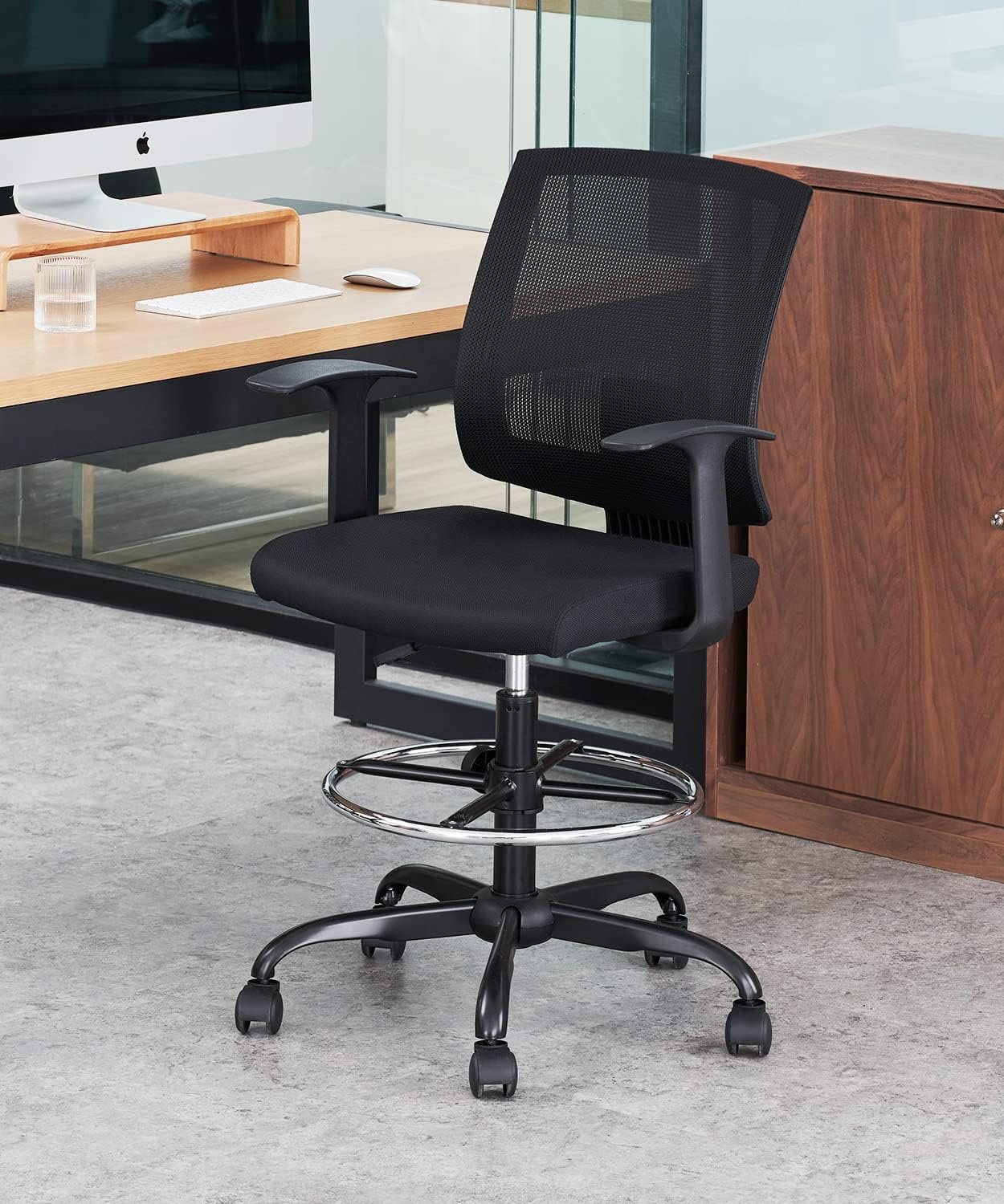 image:imageCLATINA Ergonomic Drafting Chair with Foot Ring Computer Mesh Chair Standing Desk Chair with Armrests and Lumbar Support Tall Stool Chair for Office Black 4 Pack