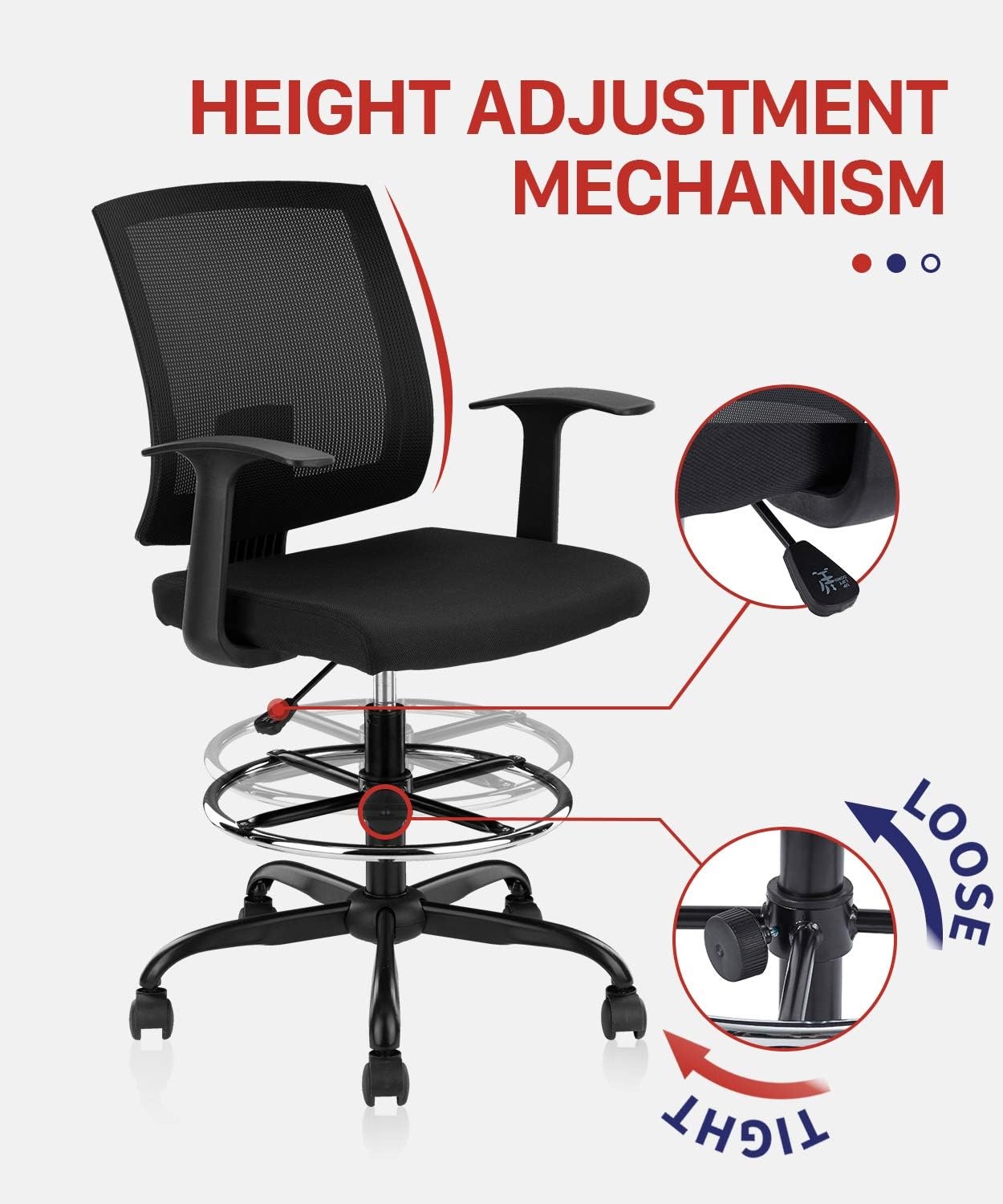 image:imageCLATINA Ergonomic Drafting Chair with Foot Ring Computer Mesh Chair Standing Desk Chair with Armrests and Lumbar Support Tall Stool Chair for Office Black 4 Pack