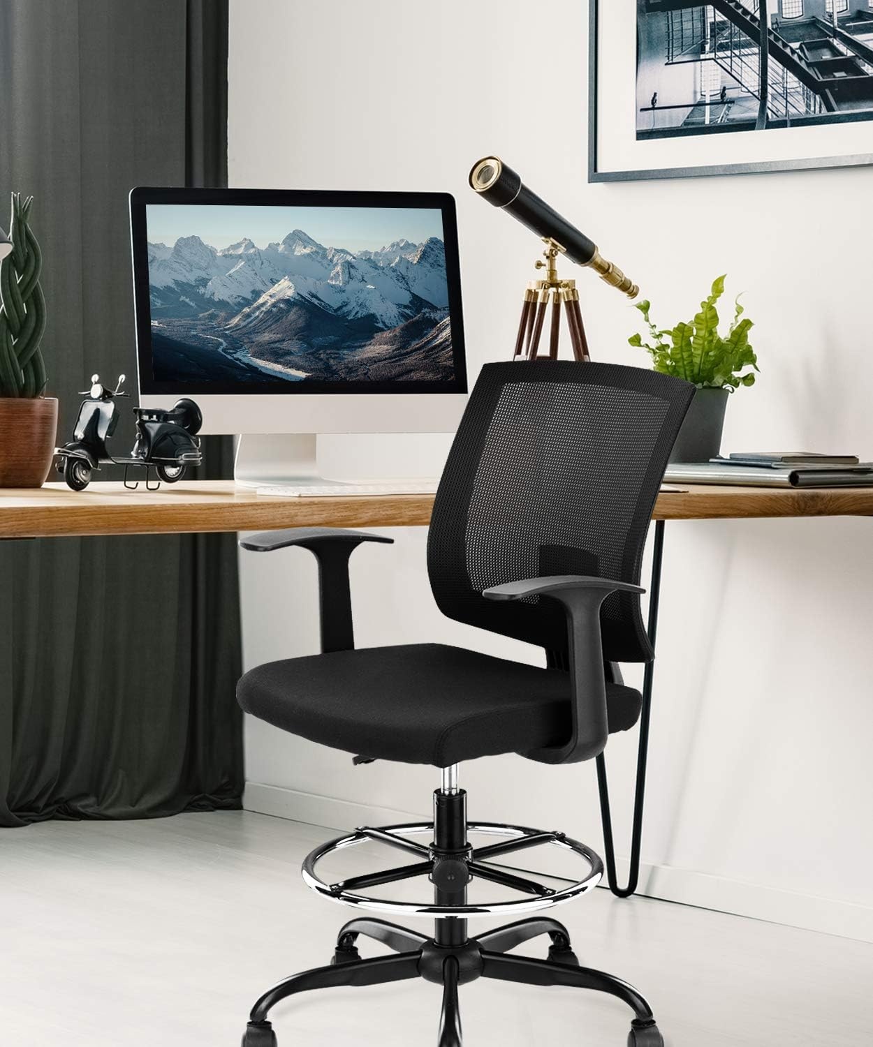 image:imageCLATINA Ergonomic Drafting Chair with Foot Ring Computer Mesh Chair Standing Desk Chair with Armrests and Lumbar Support Tall Stool Chair for Office Black 4 Pack