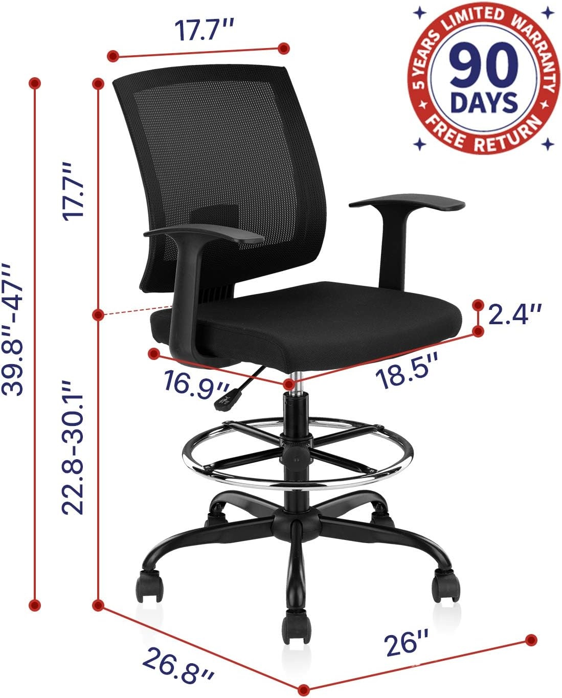 image:imageCLATINA Ergonomic Drafting Chair with Foot Ring Computer Mesh Chair Standing Desk Chair with Armrests and Lumbar Support Tall Stool Chair for Office Black 4 Pack